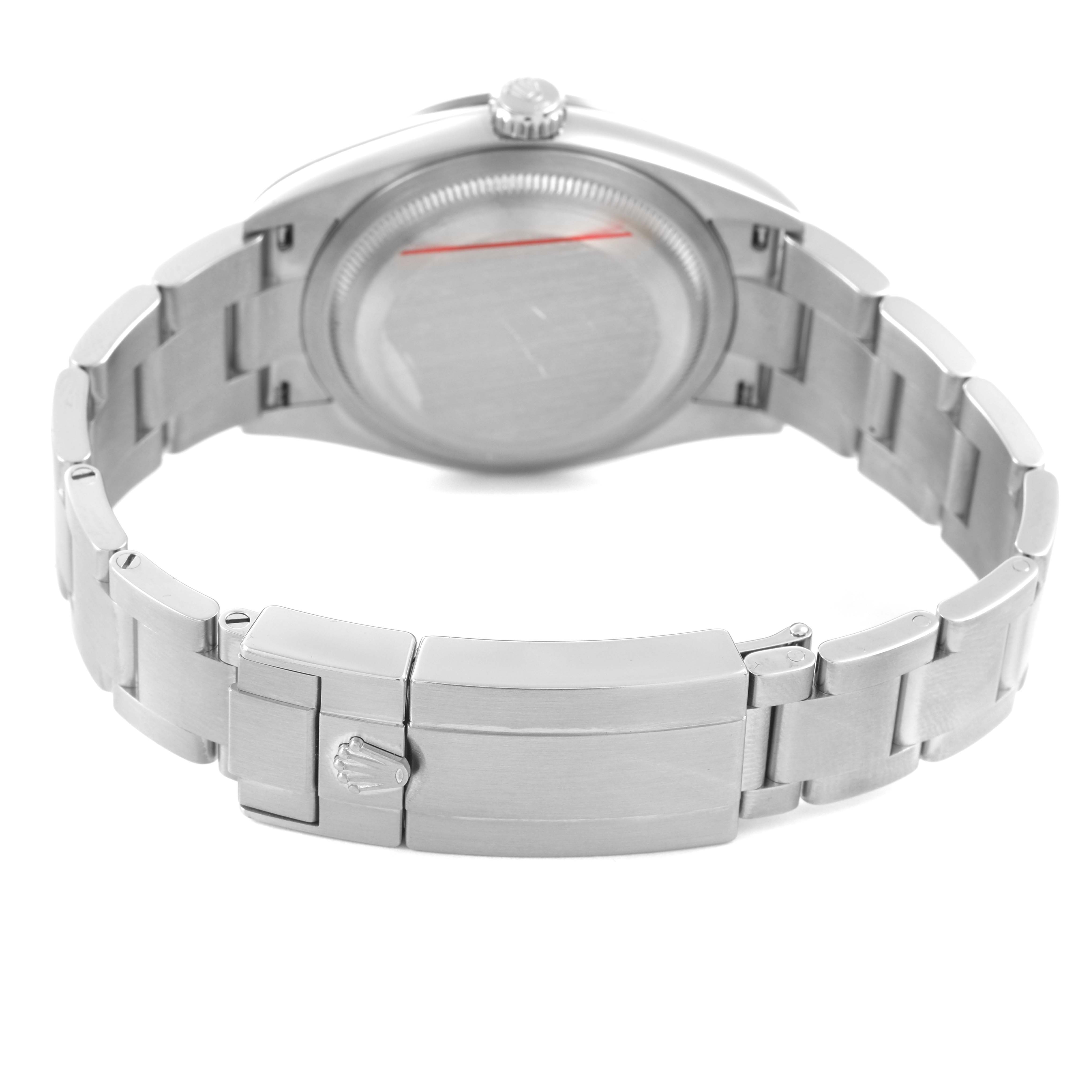 The image shows the back and bracelet of a Rolex Explorer 124270 Men's Stainless Steel Black Dial watch, highlighting the Oyster clasp and stainless steel links.