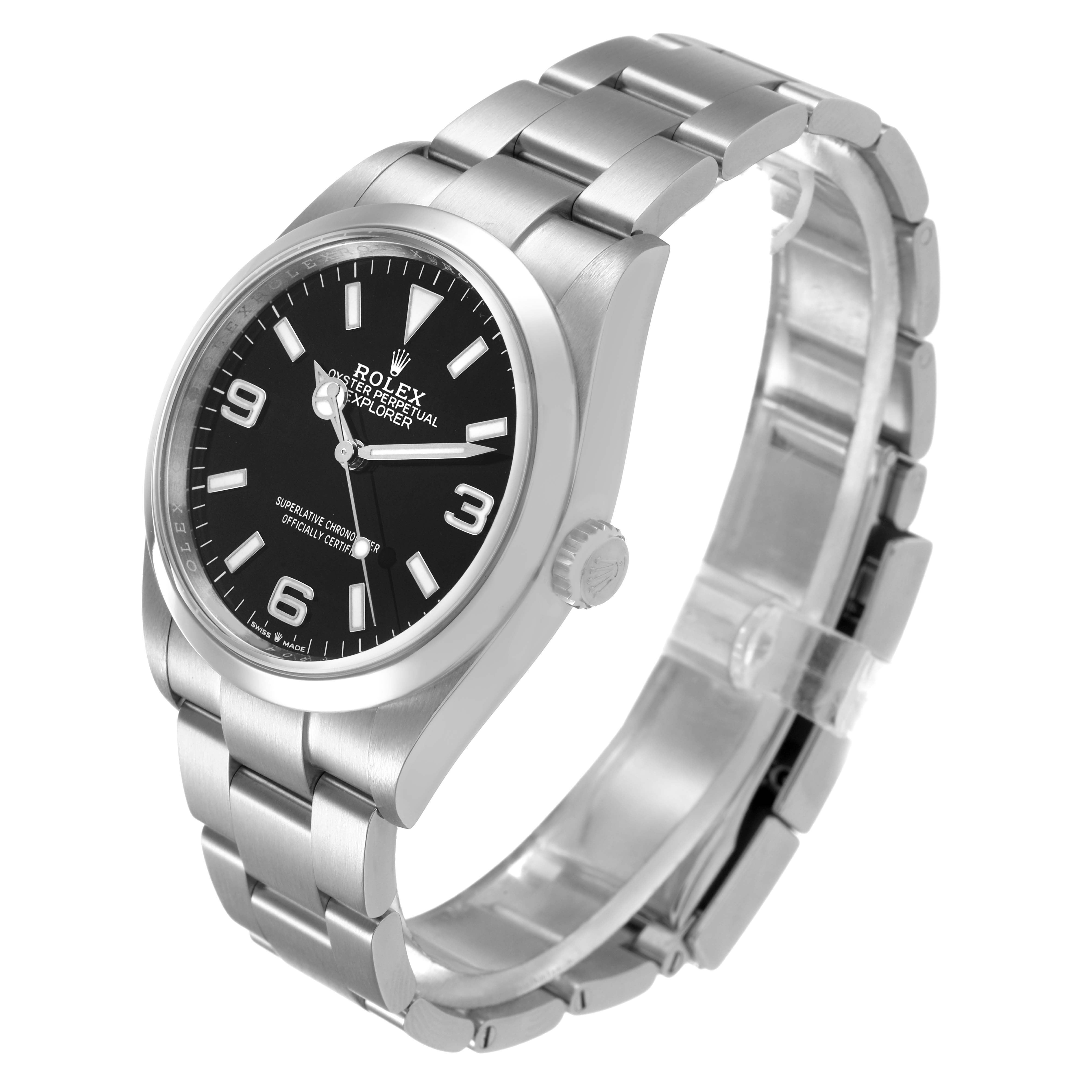 The Rolex Explorer 124270 Men's Stainless Steel Black Dial watch is shown at a three-quarter angle, highlighting the dial, bezel, crown, and bracelet.