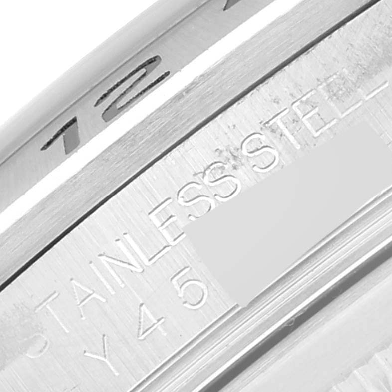 Close-up view of the case back and engravings of a Rolex Explorer 16570 Men's Stainless Steel White Dial 16570 Men's Stainless Steel White Dial watch in stainless steel.