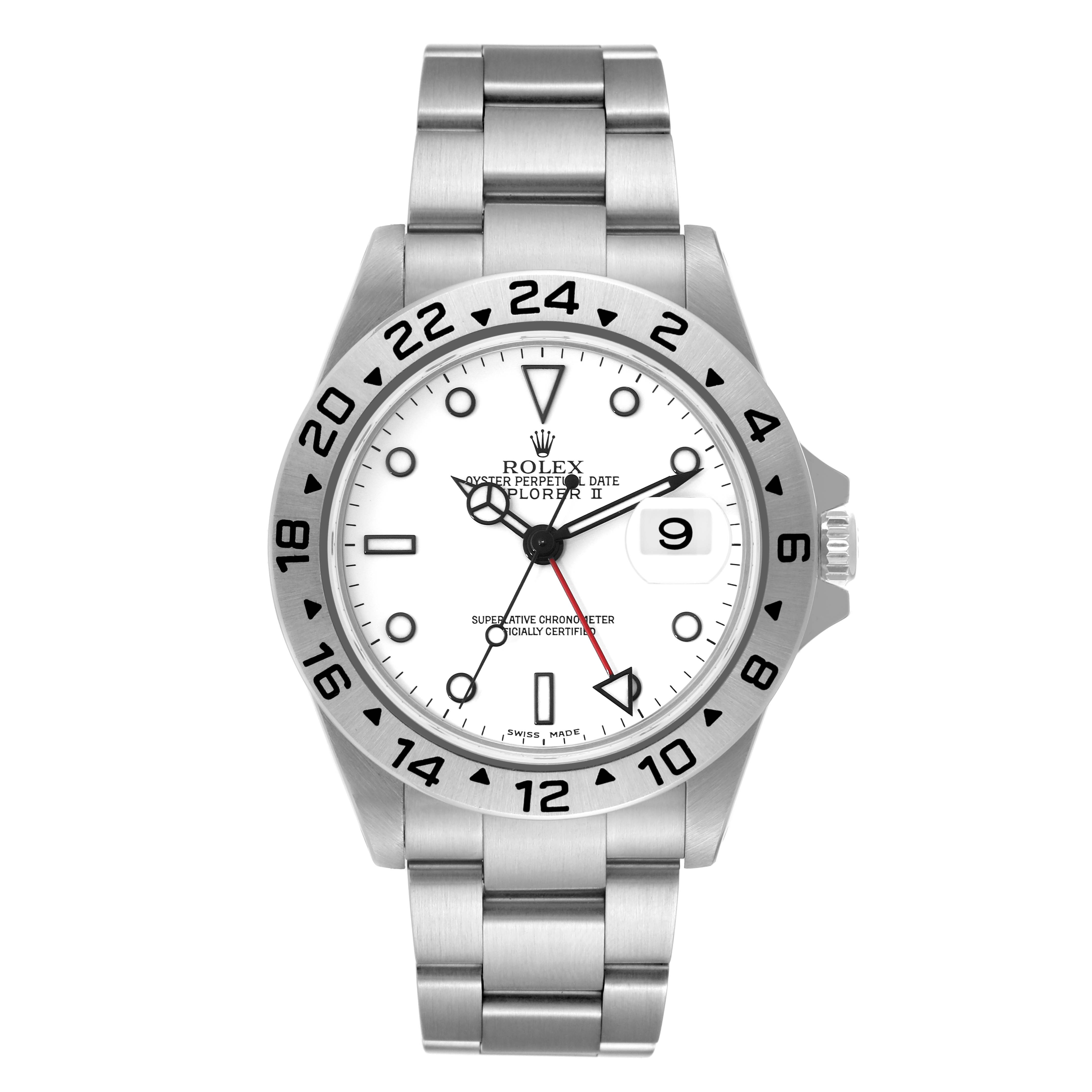 The image shows a front view of the Rolex Explorer 16570 Men's Stainless Steel White Dial 16570 Men's Stainless Steel White Dial watch, displaying the white dial, bezel, and stainless steel bracelet.