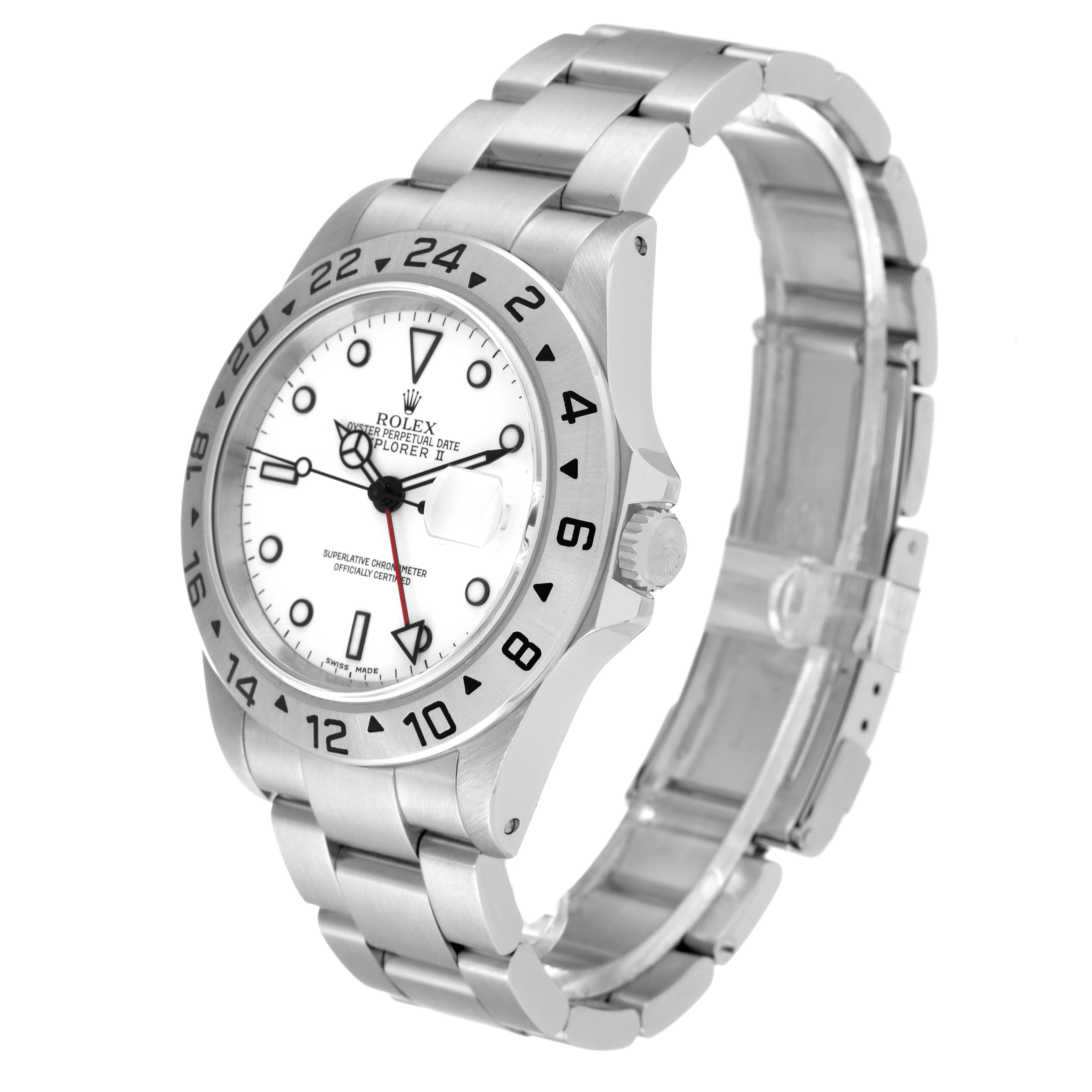 This image shows a Rolex Explorer 16570 Men's Stainless Steel White Dial 16570 Men's Stainless Steel White Dial watch angled to display the face, bezel, crown, and part of the bracelet.
