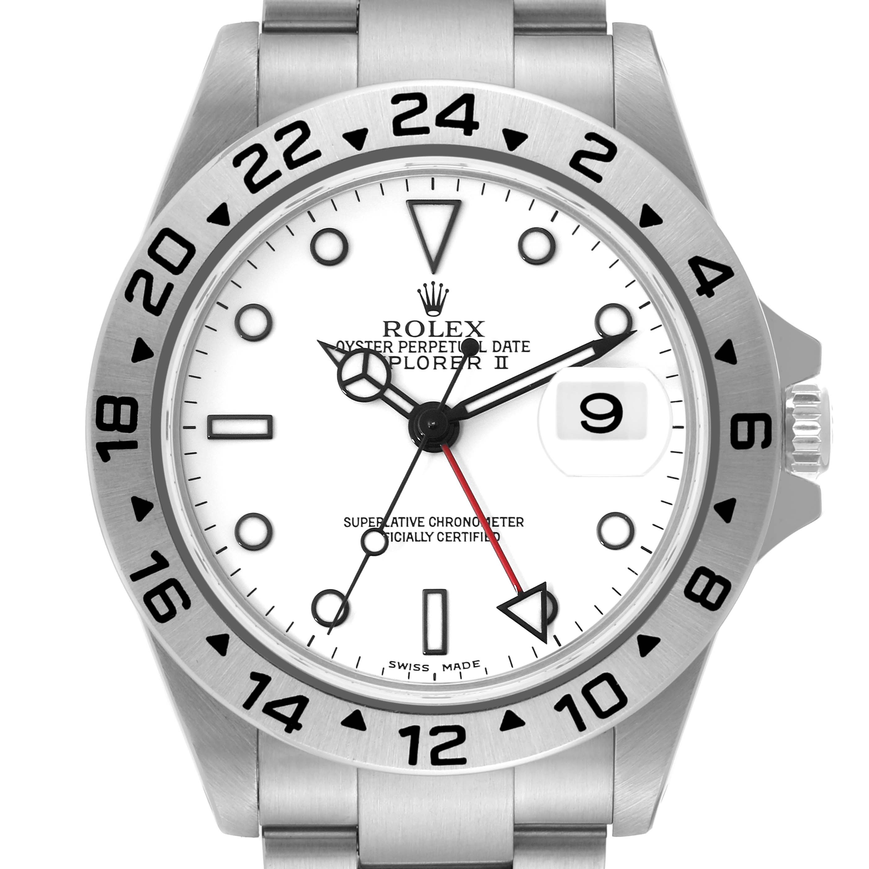 The image shows a front view of the Rolex Explorer 16570 Men's Stainless Steel White Dial 16570 Men's Stainless Steel White Dial watch displaying its dial, hands, bezel, and bracelet.