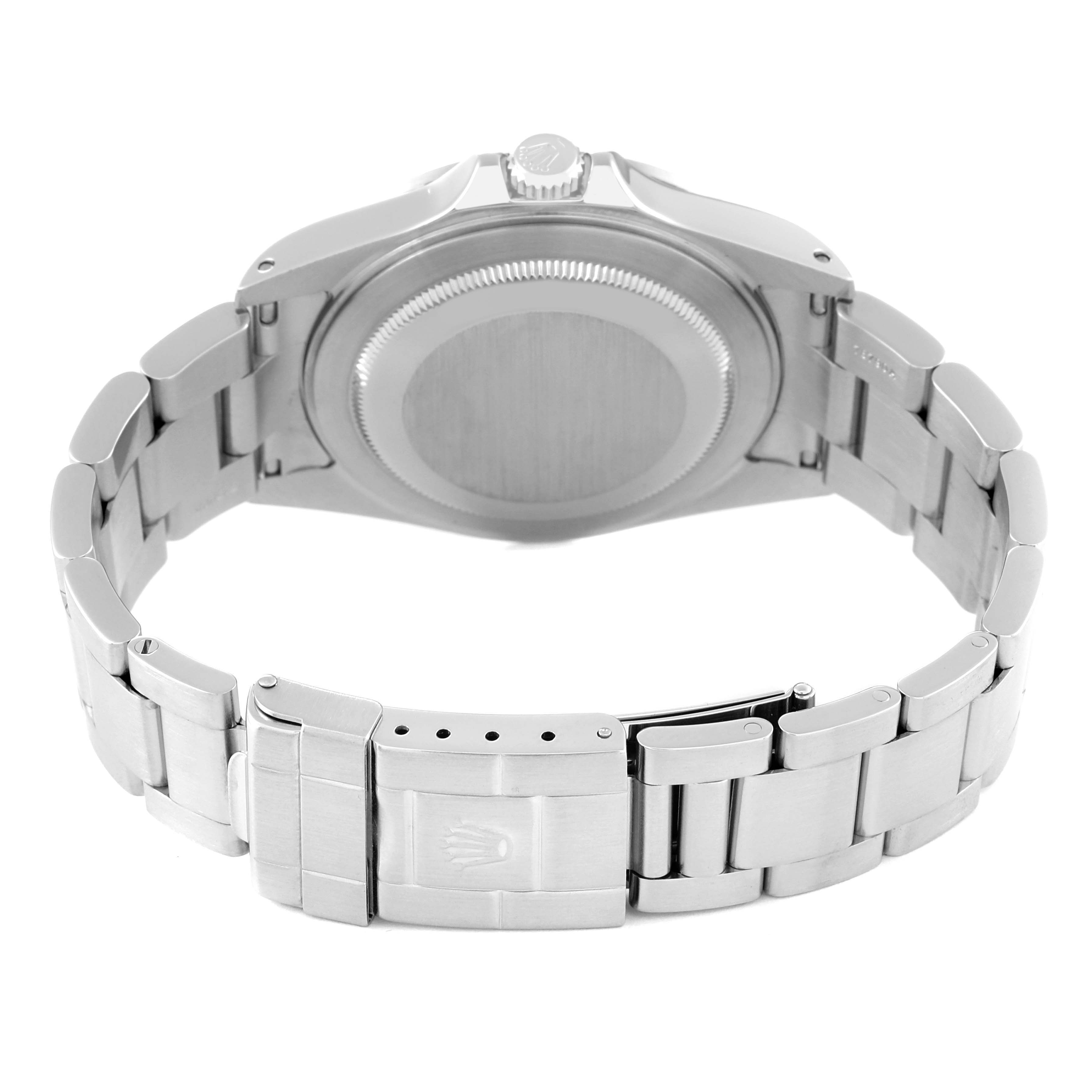 The image shows the back case, bracelet, and clasp of a Rolex Explorer 16570 Men's Stainless Steel White Dial 16570 Men's Stainless Steel White Dial watch from a rear angle.