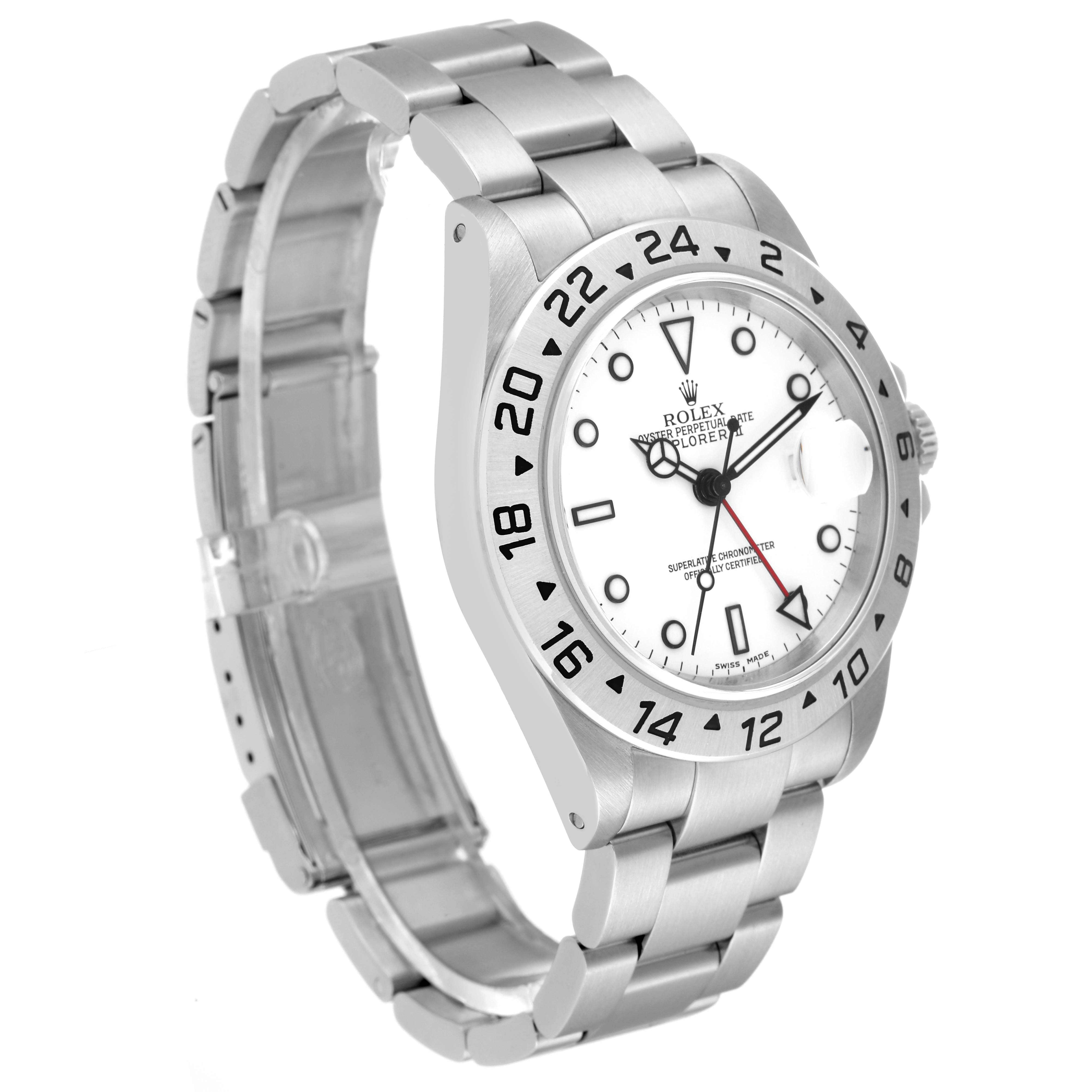 The image shows a side view of the Rolex Explorer 16570 Men's Stainless Steel White Dial 16570 Men's Stainless Steel White Dial watch, highlighting its bezel, dial, and metal bracelet.