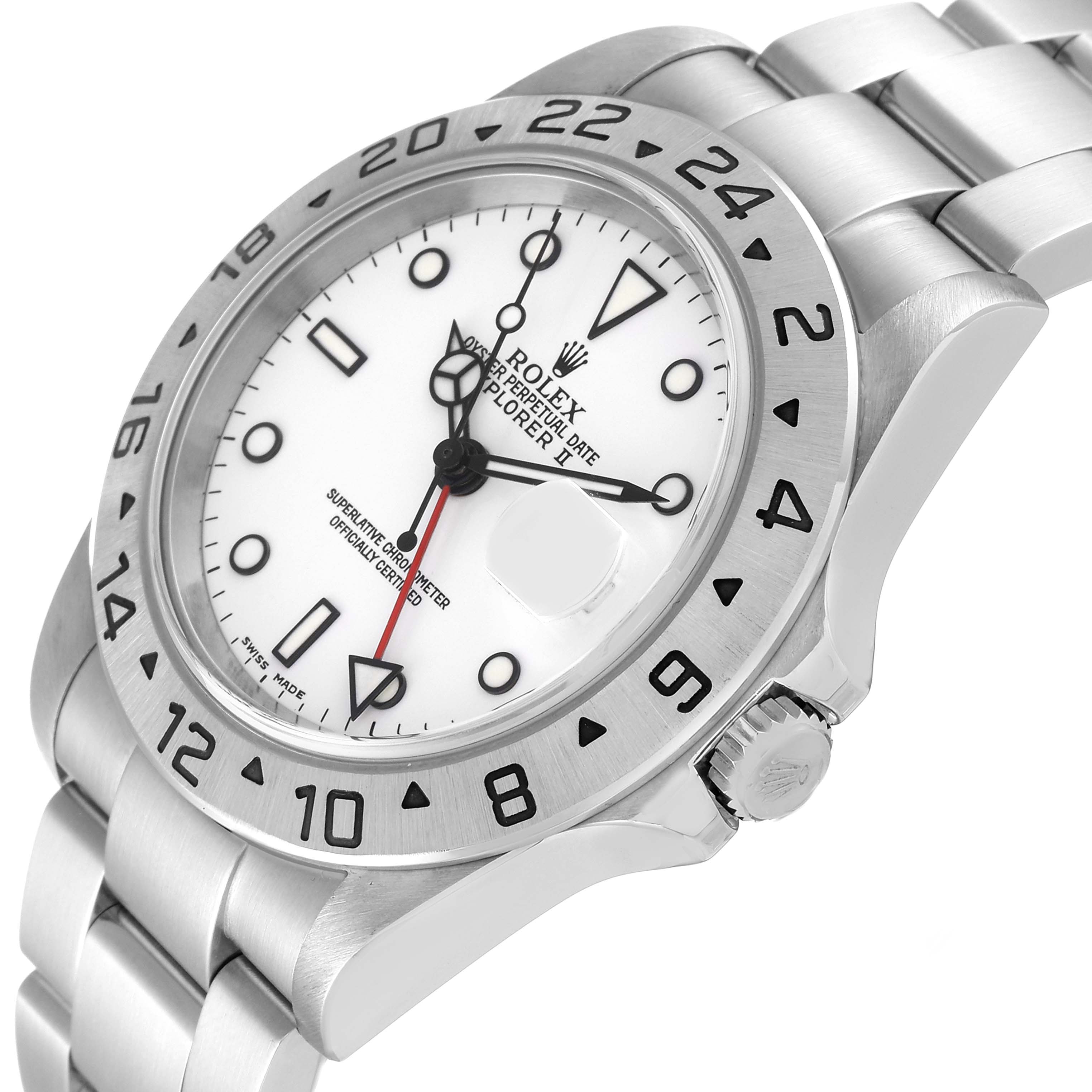 The image shows a Rolex Explorer 16570 Men's Stainless Steel White Dial 16570 Men's Stainless Steel White Dial watch at an angled side view, highlighting the dial, bezel, and bracelet.