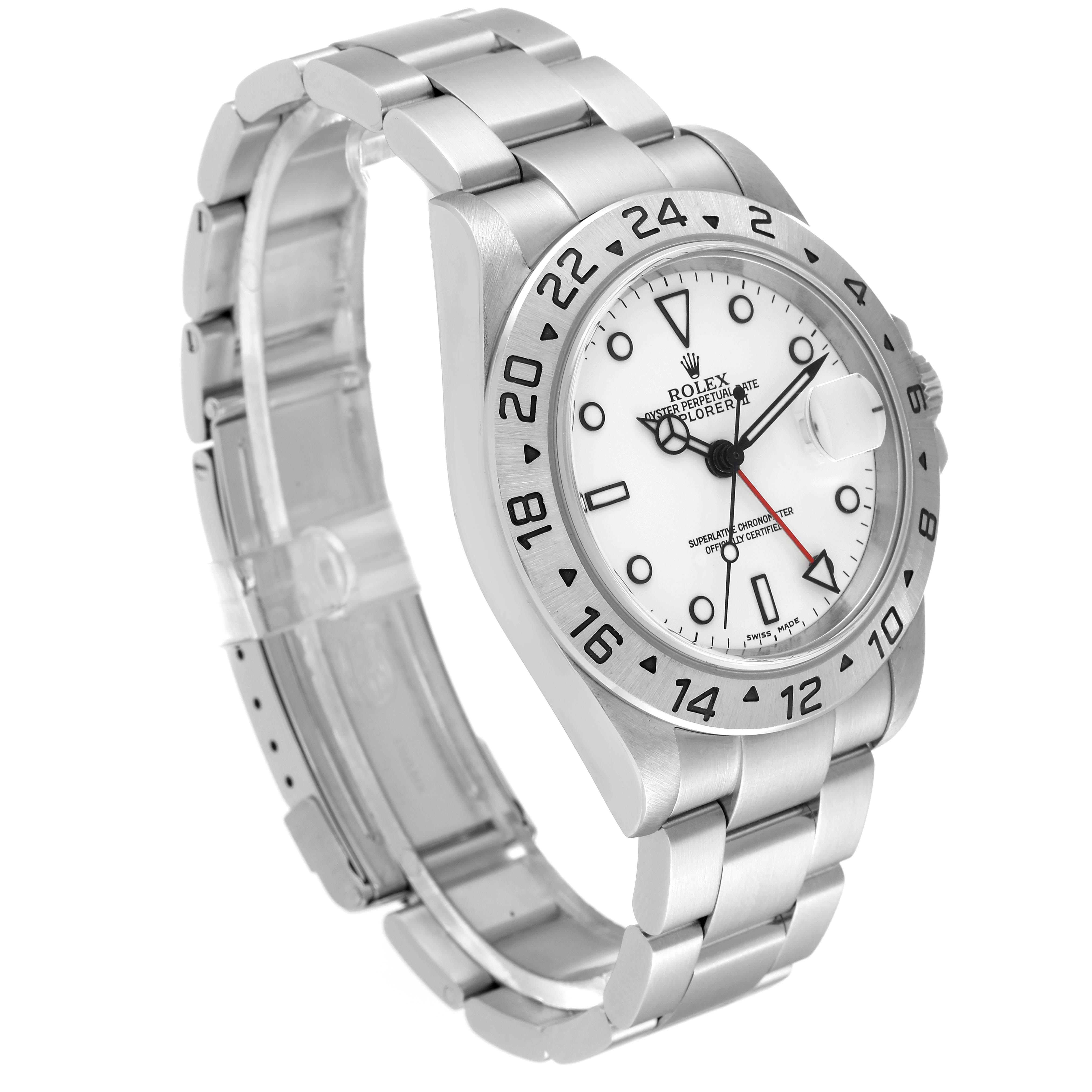 The image shows a Rolex Explorer 16570 Men's Stainless Steel White Dial 16570 Men's Stainless Steel White Dial watch at a three-quarter angle, highlighting its white dial, bezel, and metal bracelet.