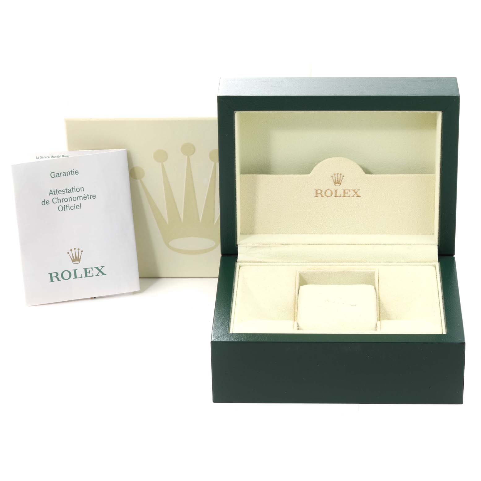 The image shows an open Rolex Explorer 16570 Men's Stainless Steel White Dial 16570 Men's Stainless Steel White Dial watch box alongside its outer packaging and a guarantee booklet.