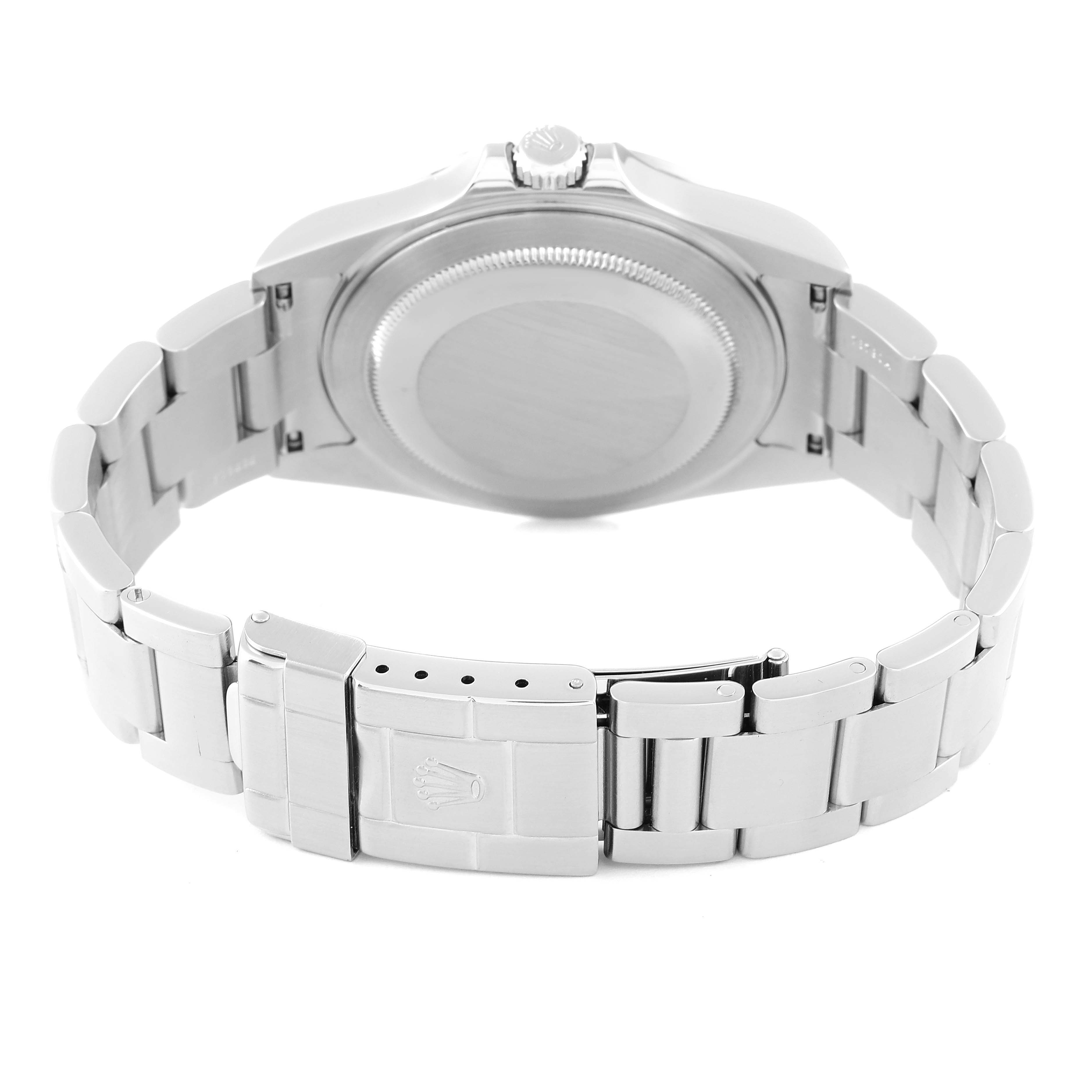 This image shows the back view of a Rolex Explorer 16570 Men's Stainless Steel White Dial 16570 Men's Stainless Steel White Dial watch, highlighting the case back and bracelet with a clasp.