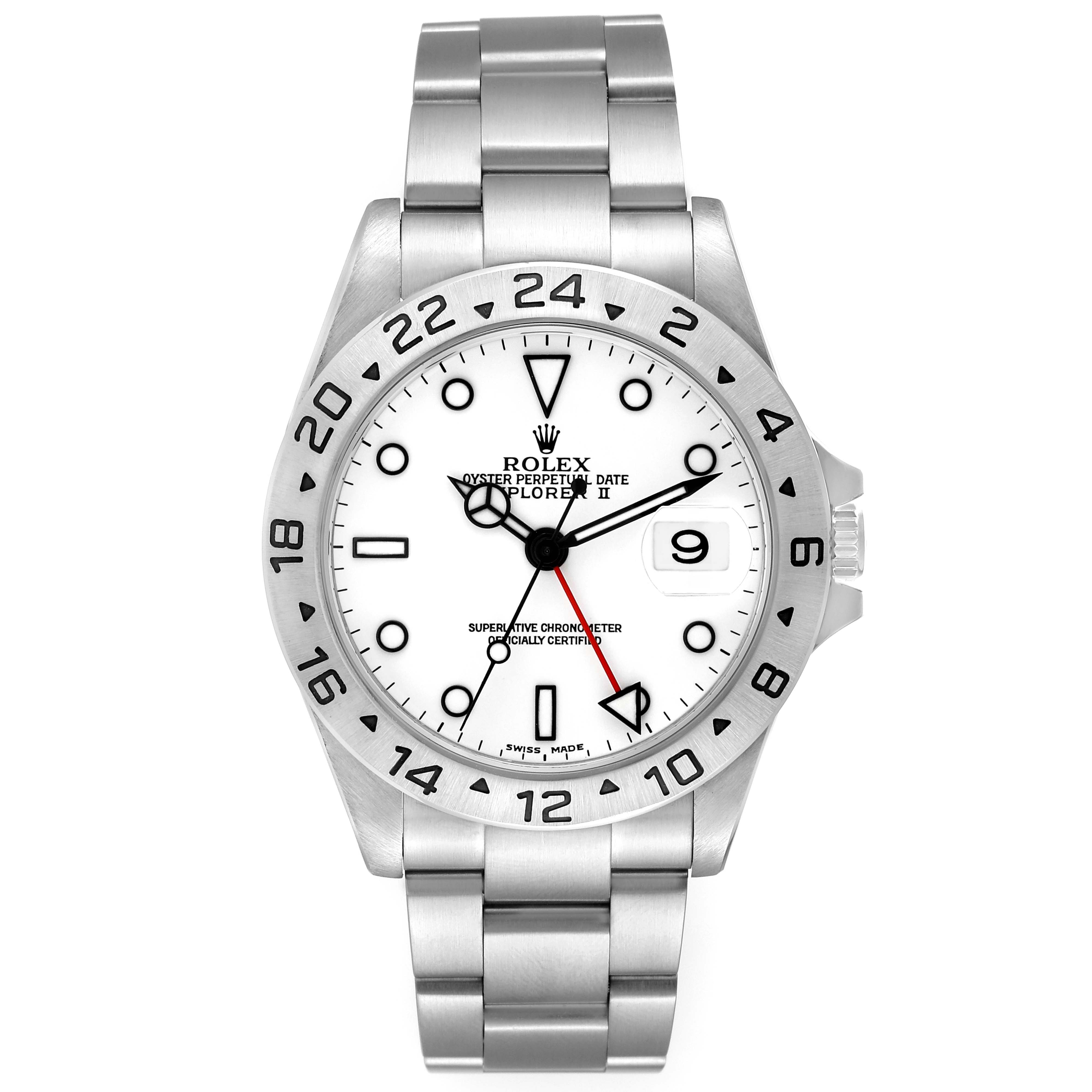 The image shows a frontal view of a Rolex Explorer 16570 Men's Stainless Steel White Dial 16570 Men's Stainless Steel White Dial watch displaying the face, bezel, dial, and bracelet.