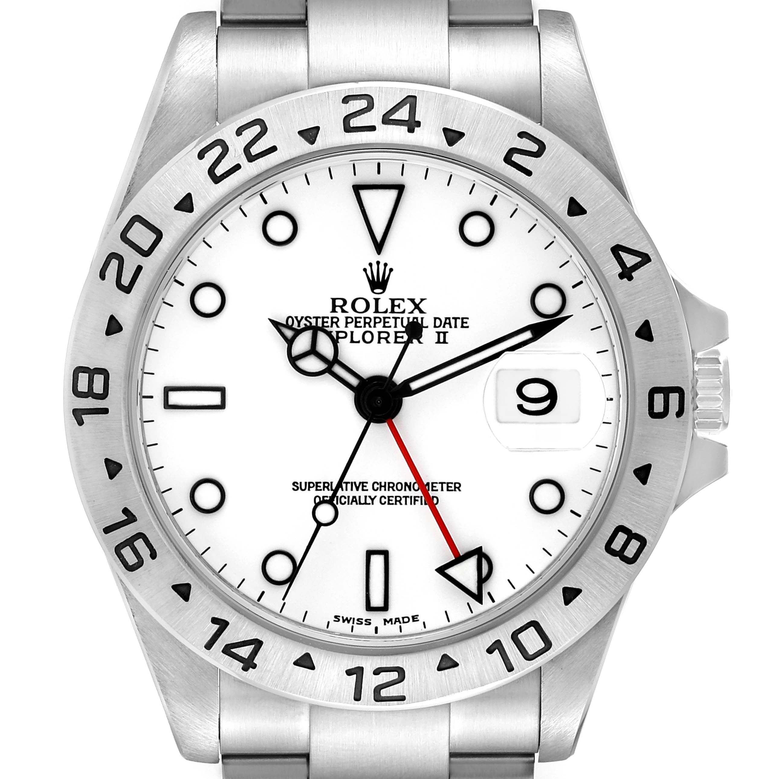 The image shows a front view of the Rolex Explorer 16570 Men's Stainless Steel White Dial 16570 Men's Stainless Steel White Dial watch, highlighting its dial, bezel, and bracelet.