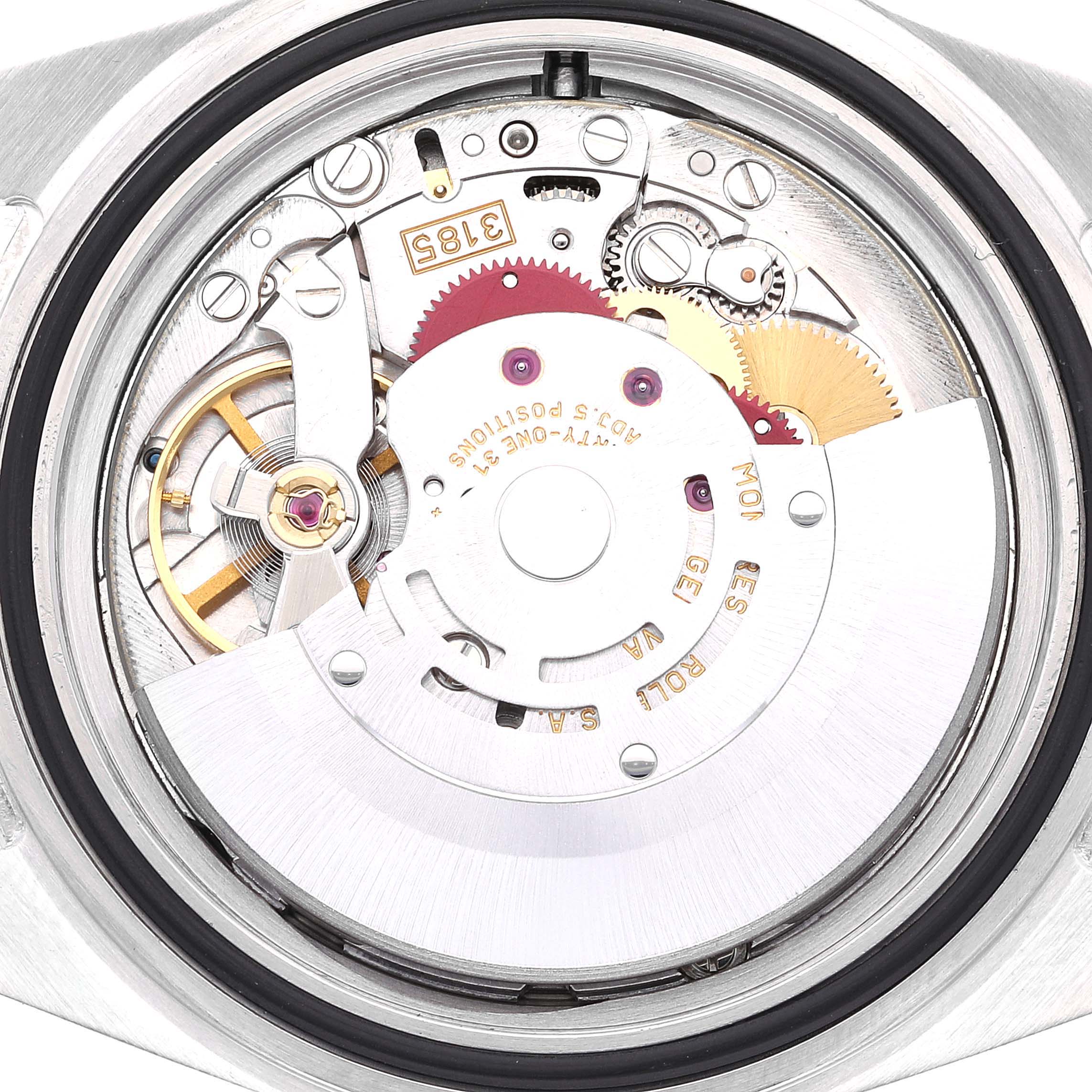 This image shows the internal mechanism of a Rolex Explorer 16570 Men's Stainless Steel White Dial 16570 Men's Stainless Steel White Dial watch from a back angle, highlighting its intricate components.