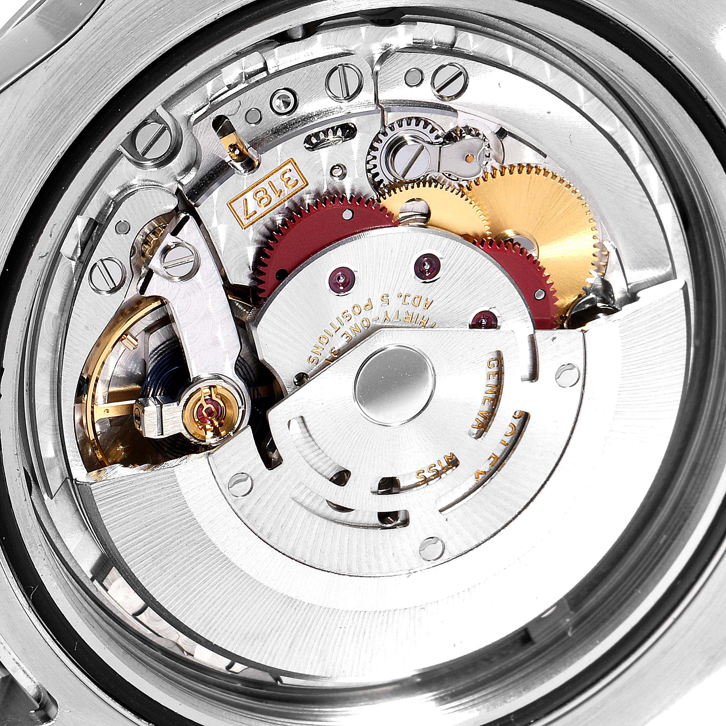 This image shows the internal movement mechanism of a Rolex Explorer 216570 Men
s Stainless Steel White Dial 216570 Men
s Stainless Steel White Dial watch from a close-up, top-down angle.
