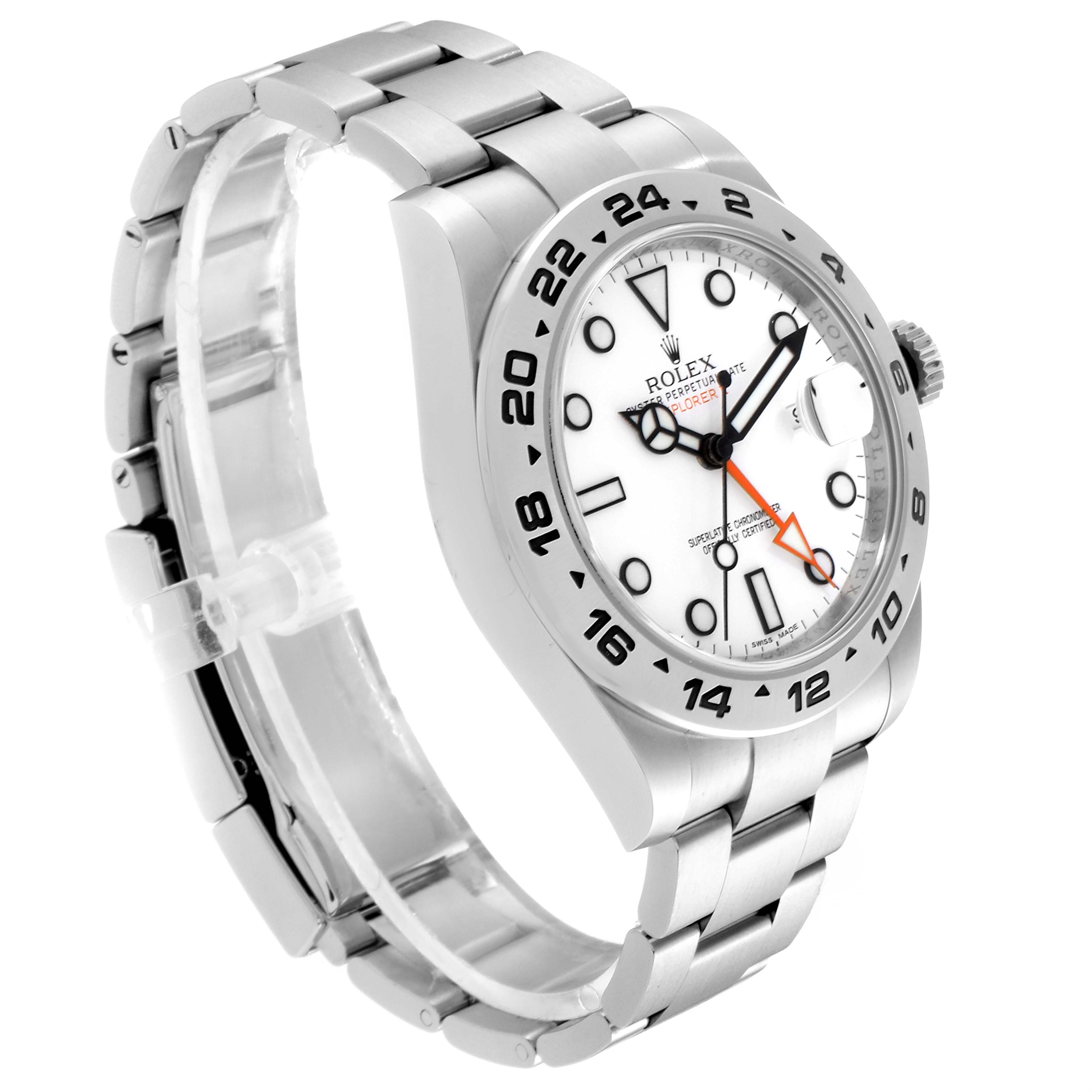 The image shows a side view of the Rolex Explorer 216570 Men
s Stainless Steel White Dial 216570 Men
s Stainless Steel White Dial watch, highlighting the face, bezel, crown, and bracelet.
