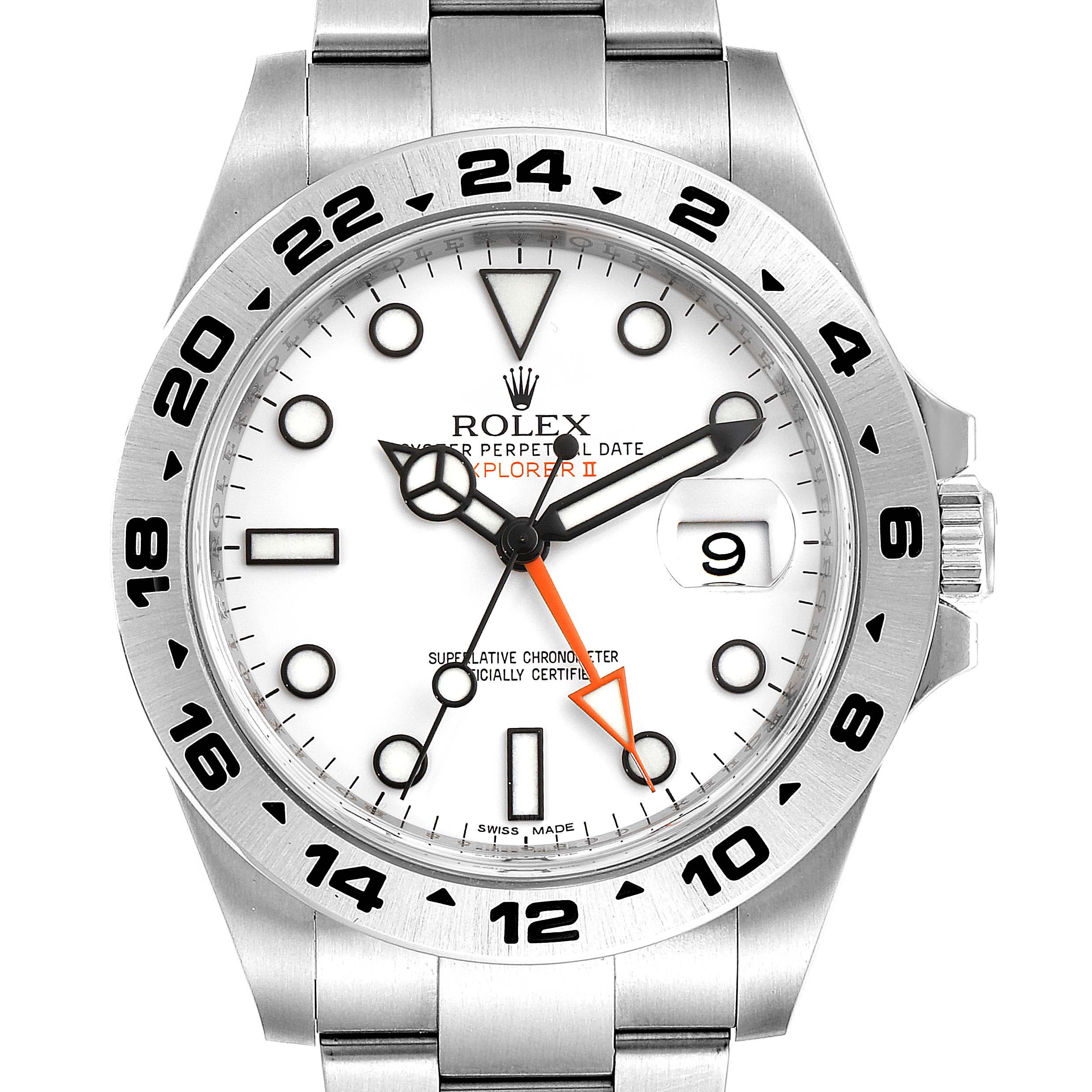 The image shows a front view of the Rolex Explorer 216570 Men
s Stainless Steel White Dial 216570 Men
s Stainless Steel White Dial watch, highlighting its dial, bezel, and stainless steel bracelet.