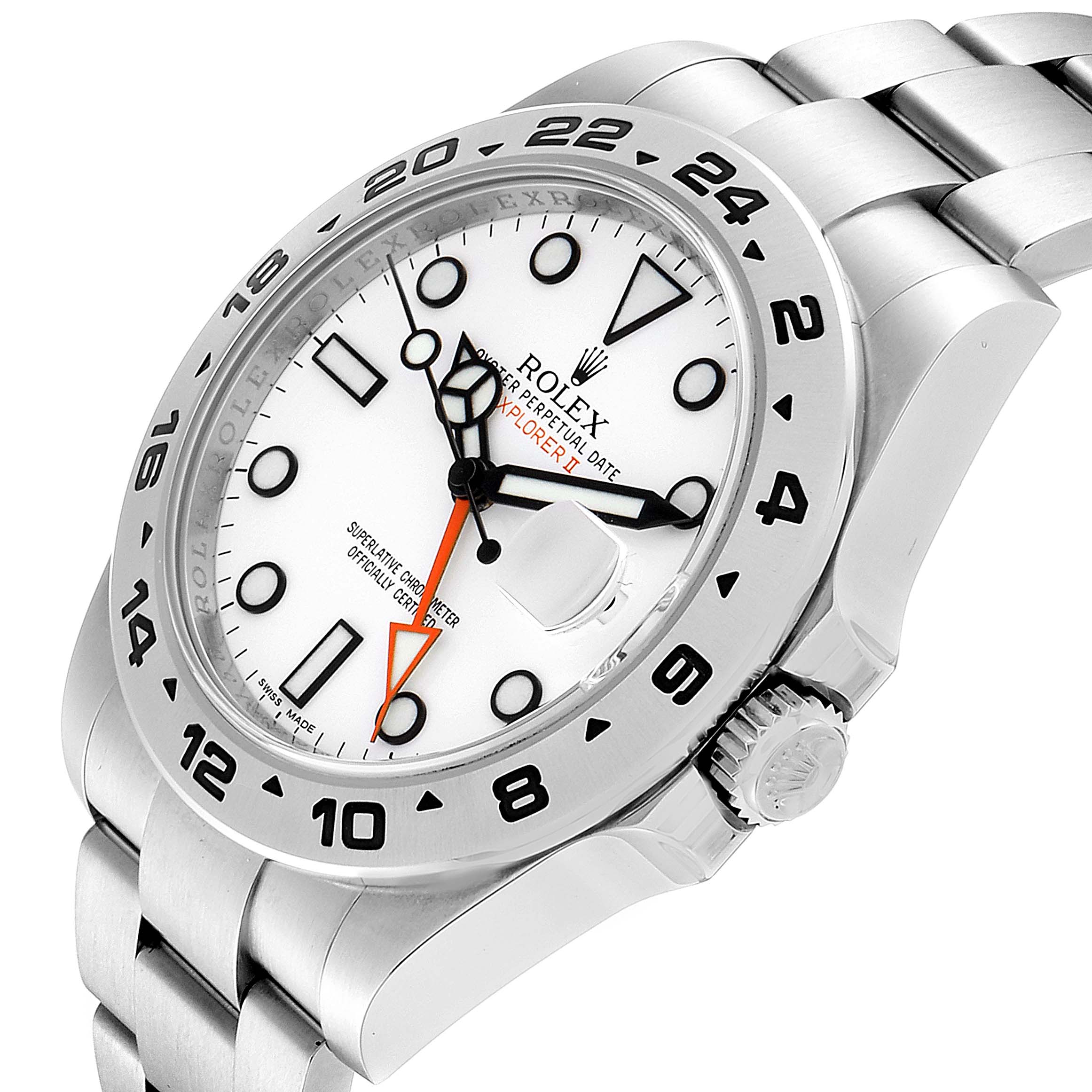 This is a side angle view of a Rolex Explorer 216570 Men
s Stainless Steel White Dial 216570 Men
s Stainless Steel White Dial watch showing the face, bezel, and part of the stainless steel bracelet.