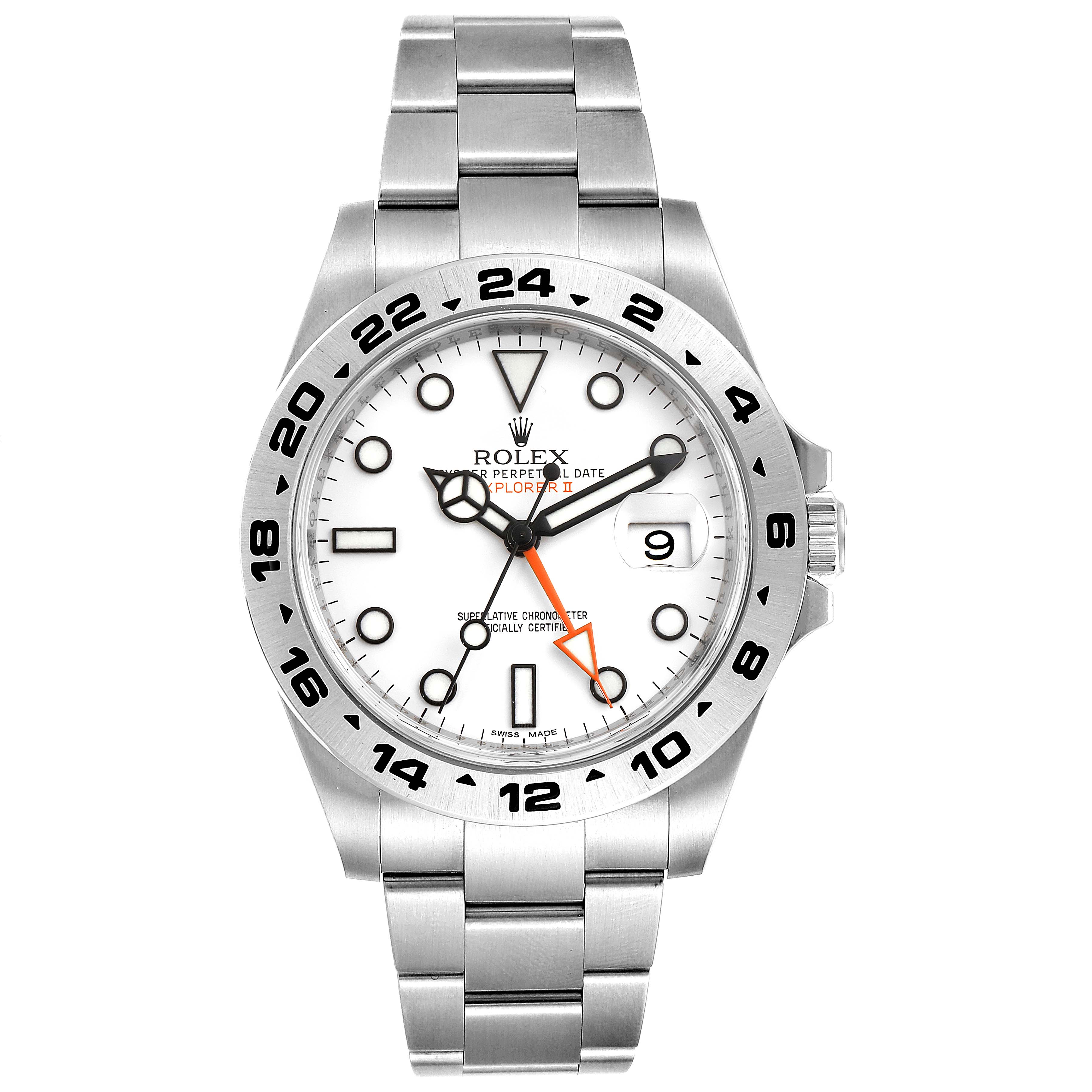 This Rolex Explorer 216570 Men
s Stainless Steel White Dial 216570 Men
s Stainless Steel White Dial watch is shown from a front angle, displaying its white dial, stainless steel case, bezel, and bracelet.