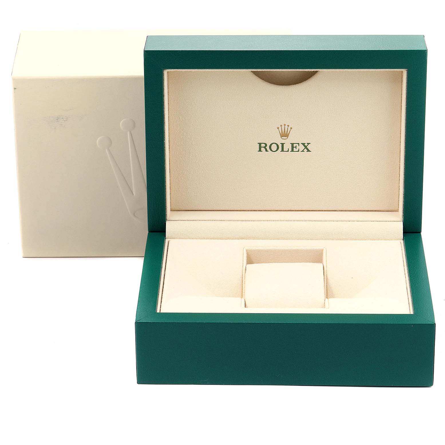 The image shows an open Rolex Explorer 216570 Men
s Stainless Steel White Dial 216570 Men
s Stainless Steel White Dial watch box with a green exterior and cream interior, revealing the watch holder inside.