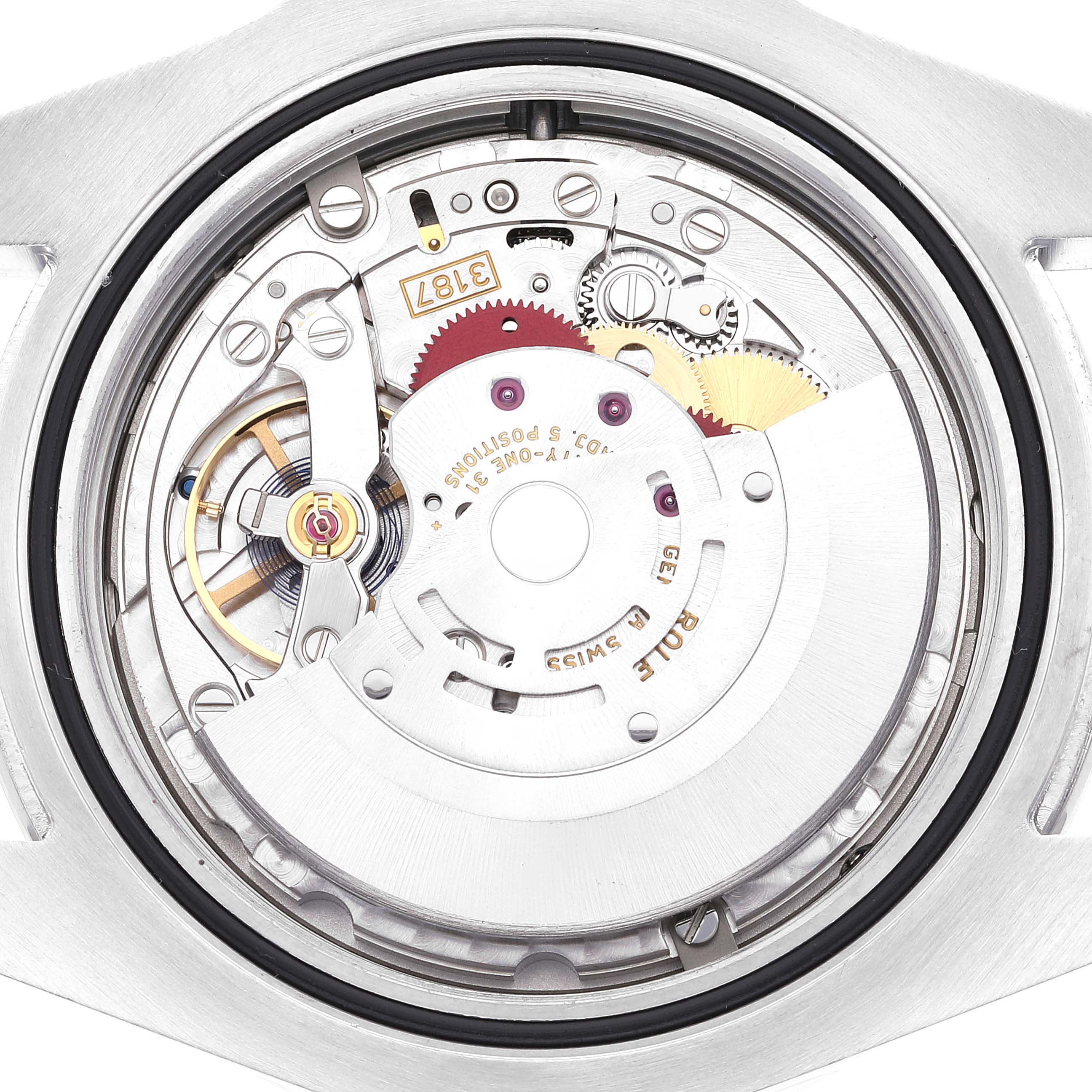 This image shows the internal mechanics and movement of a Rolex Explorer 216570 Men
s Stainless Steel White Dial 216570 Men
s Stainless Steel White Dial watch viewed from the rear.