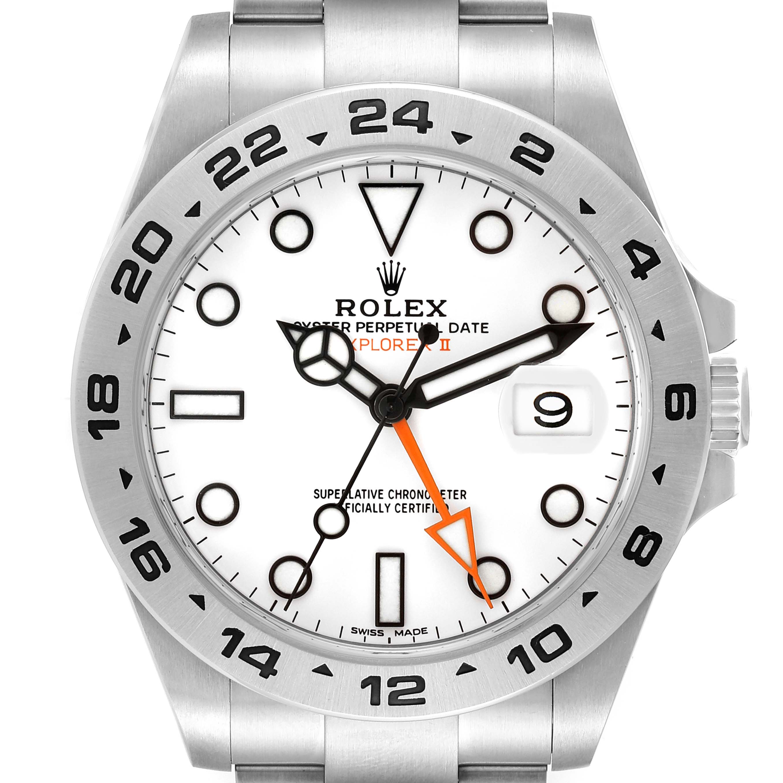 This image shows a front view of the Rolex Explorer 216570 Men
s Stainless Steel White Dial 216570 Men
s Stainless Steel White Dial watch, highlighting its dial, hands, bezel, crown, and part of the bracelet.
