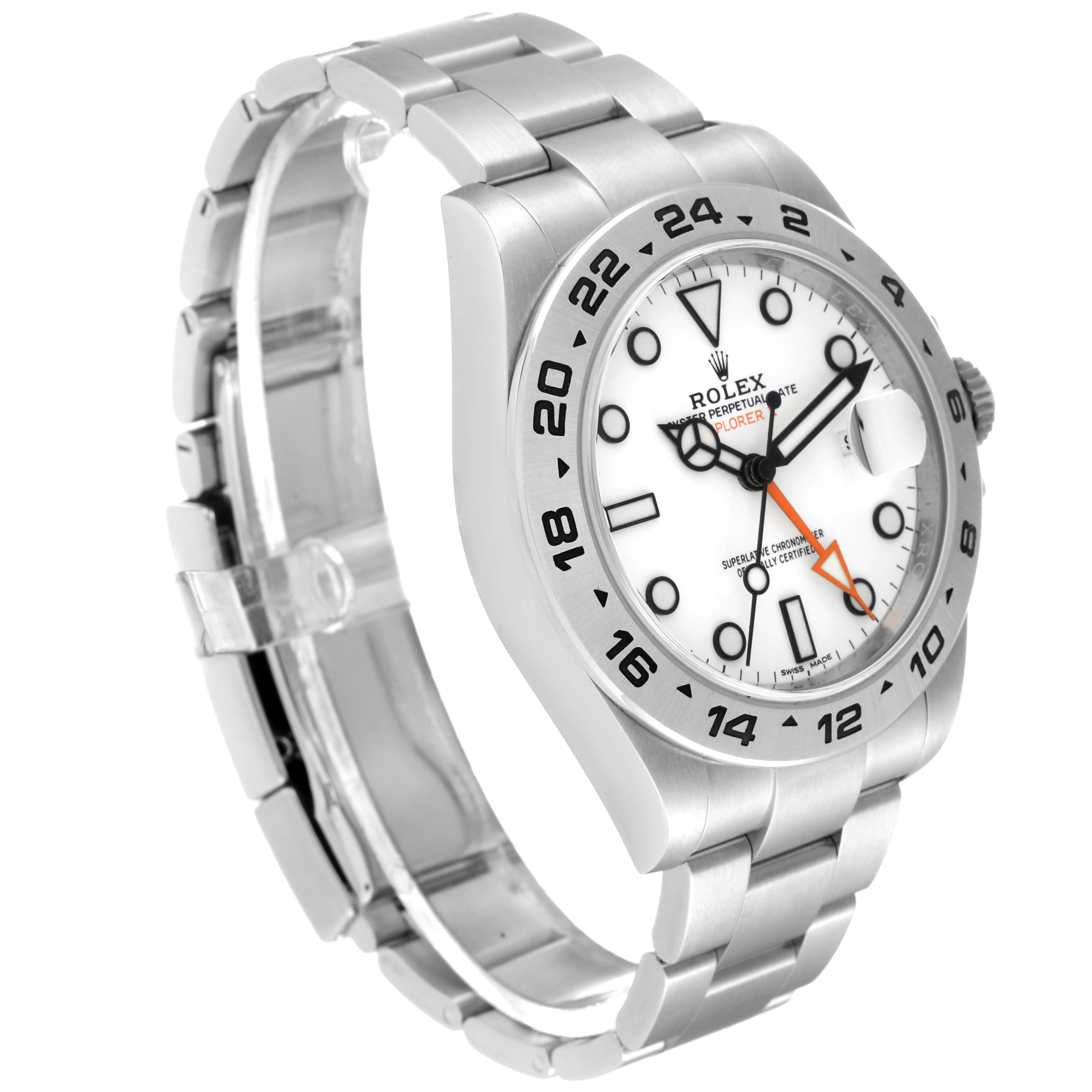 This image shows a side view of the Rolex Explorer 216570 Men
s Stainless Steel White Dial 216570 Men
s Stainless Steel White Dial watch, highlighting its white dial, steel bracelet, and bezel.