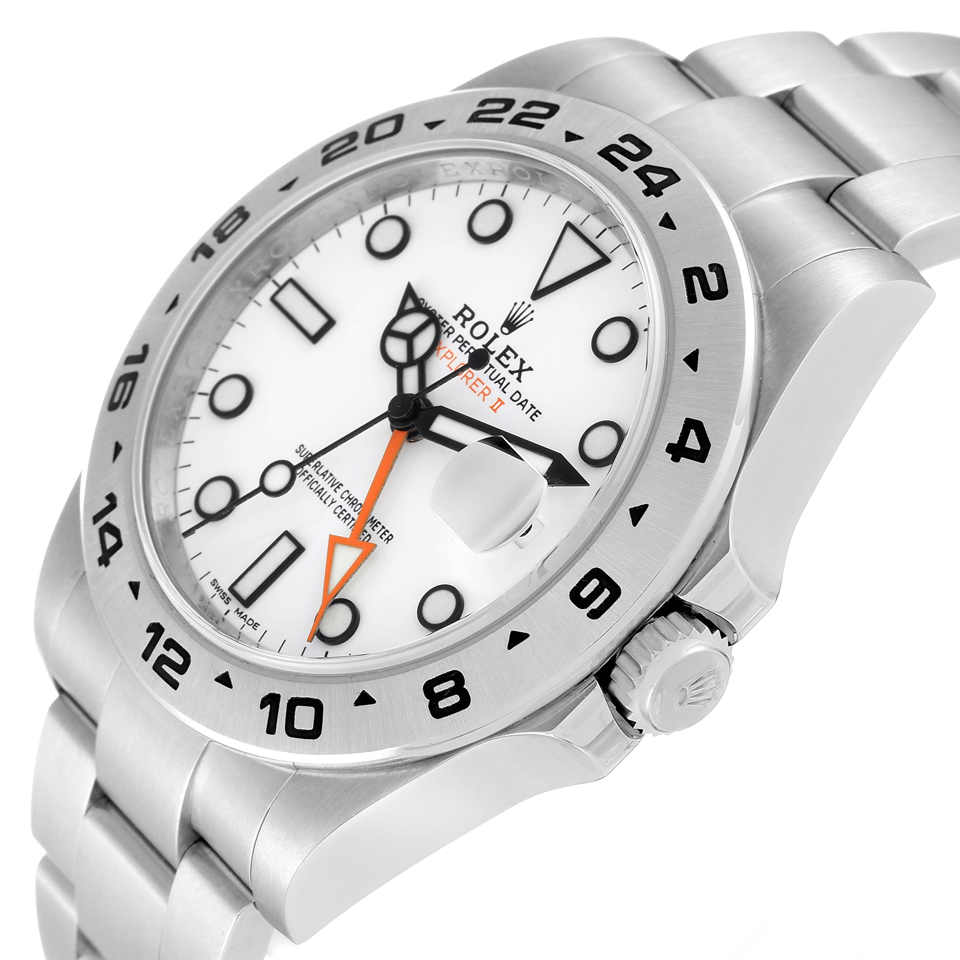 This is an angled view of a Rolex Explorer 216570 Men
s Stainless Steel White Dial 216570 Men
s Stainless Steel White Dial watch, showing the dial, bezel, crown, and part of the bracelet.