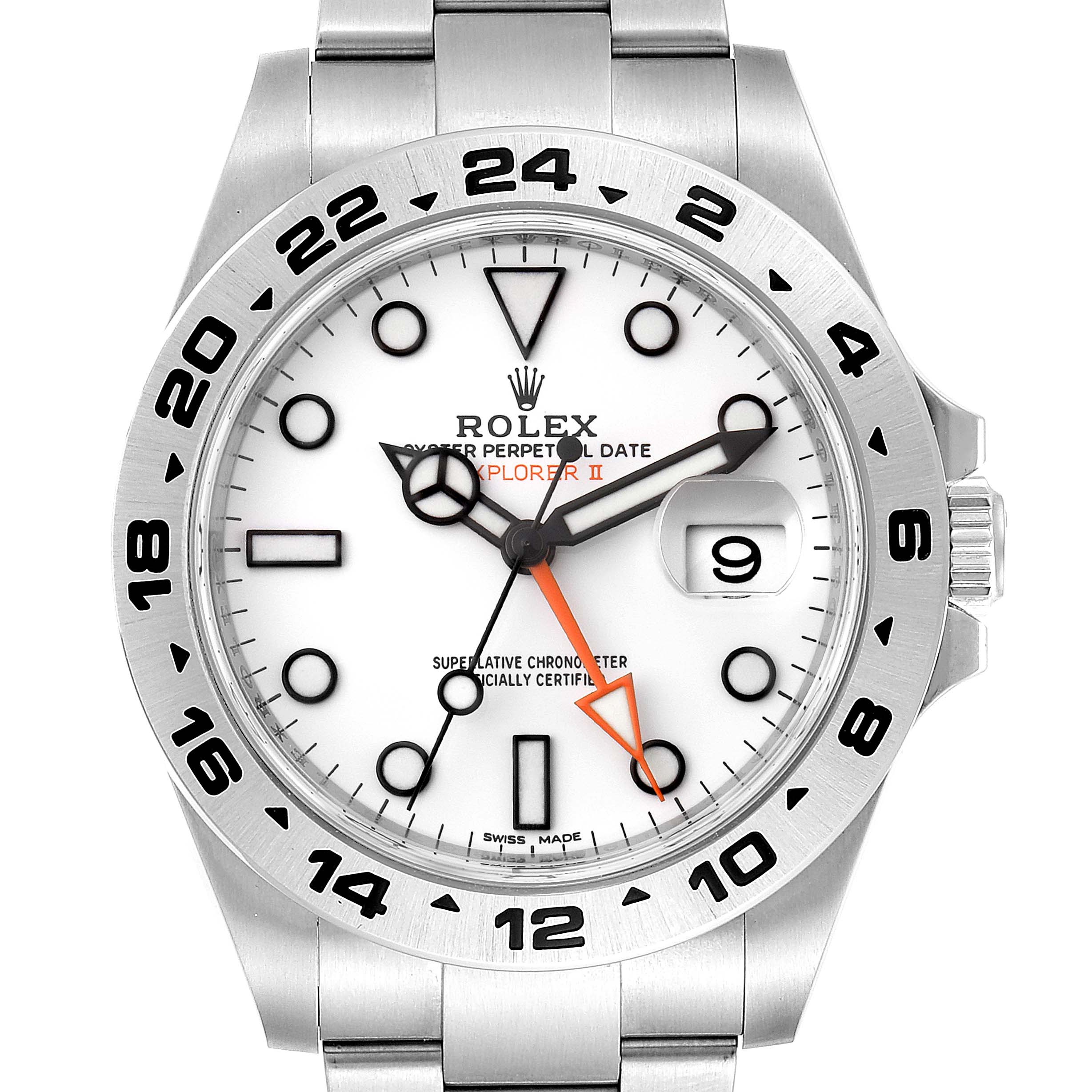 The Rolex Explorer 216570 Men
s Stainless Steel White Dial 216570 Men
s Stainless Steel White Dial watch is shown from the front, highlighting its dial, bezel, hands, and bracelet.