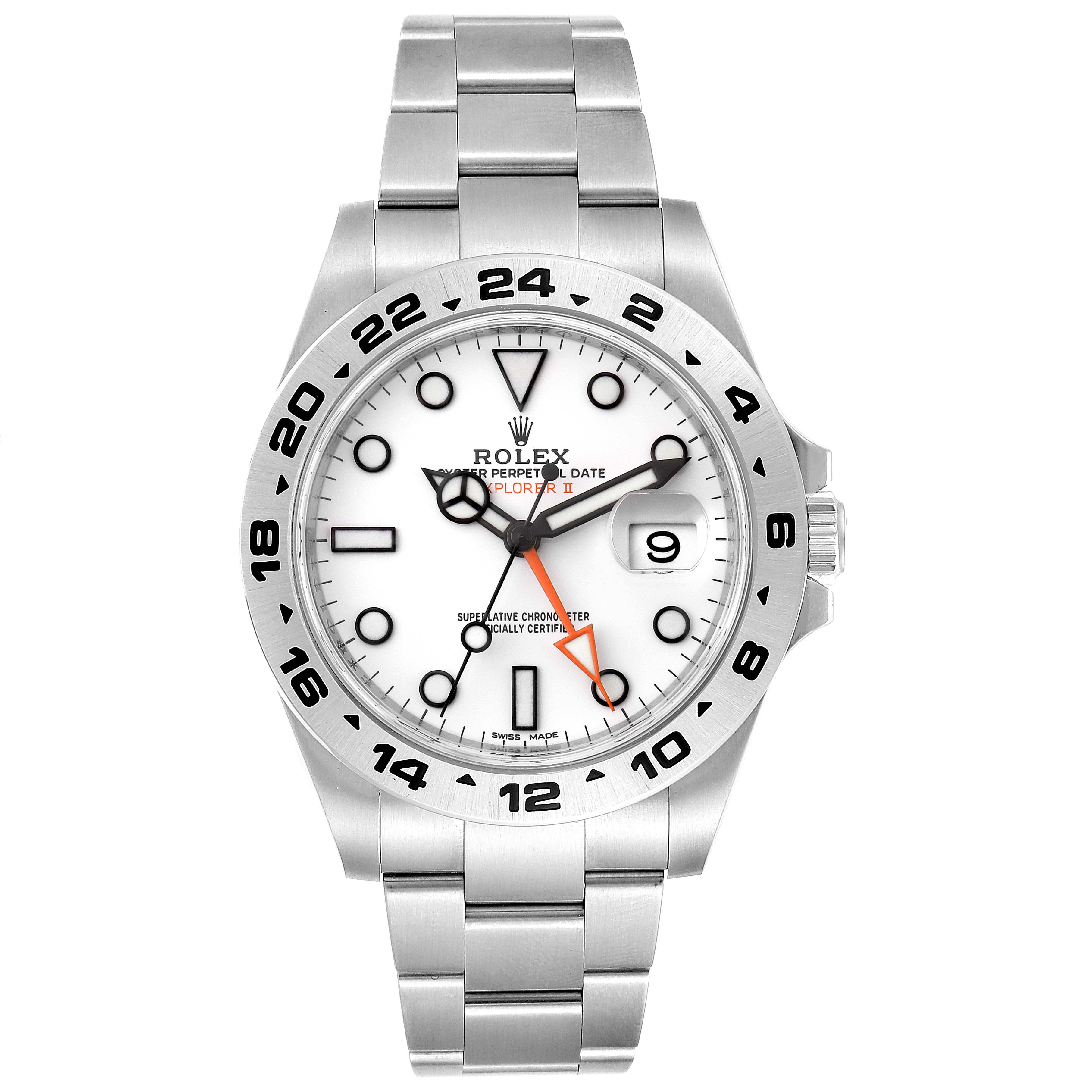The image shows a Rolex Explorer 216570 Men
s Stainless Steel White Dial 216570 Men
s Stainless Steel White Dial watch from a frontal angle, displaying its bracelet, white dial, date window, and orange 24-hour hand.