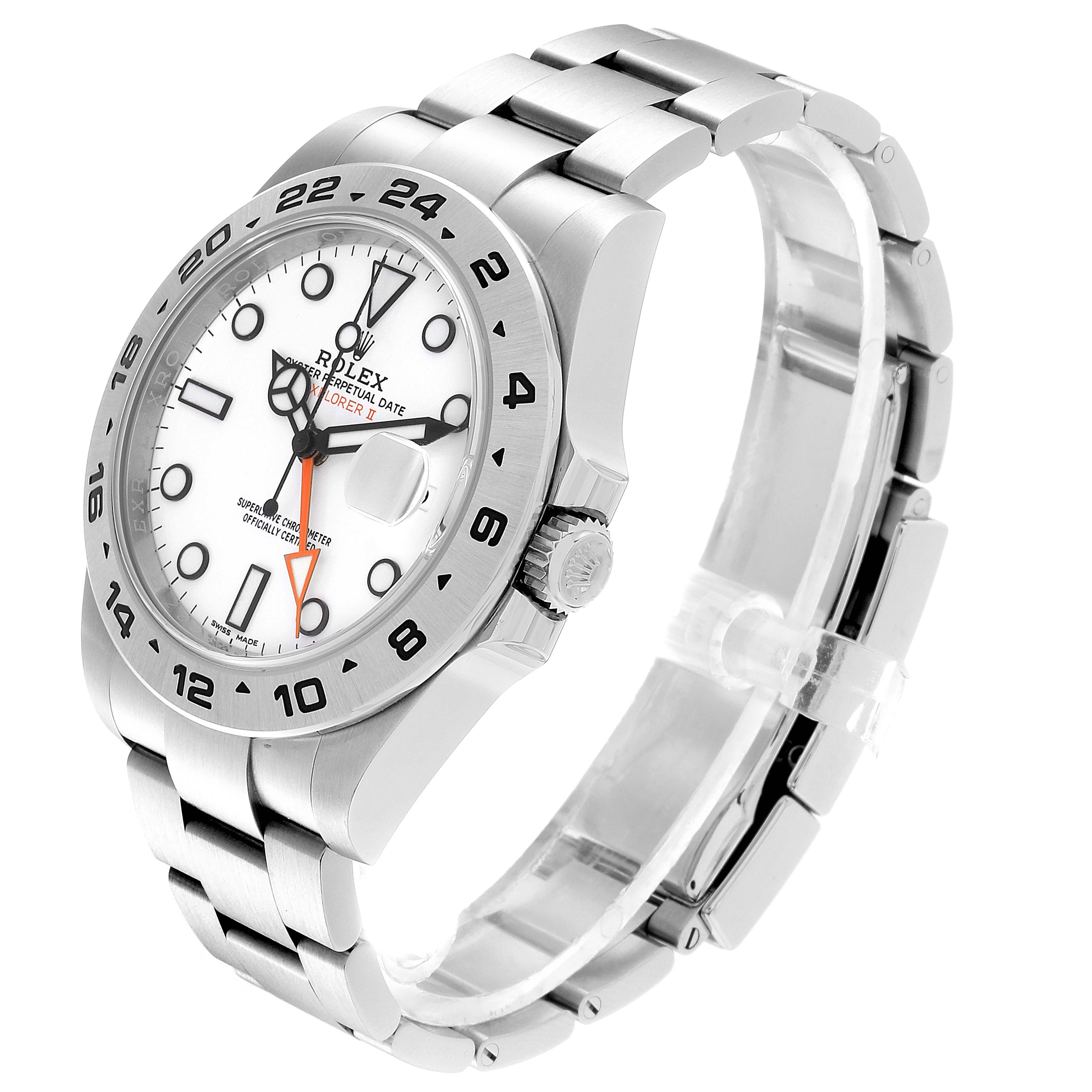 This image shows a side angle of the Rolex Explorer 216570 Men
s Stainless Steel White Dial 216570 Men
s Stainless Steel White Dial watch, highlighting its face, bezel, crown, and bracelet.