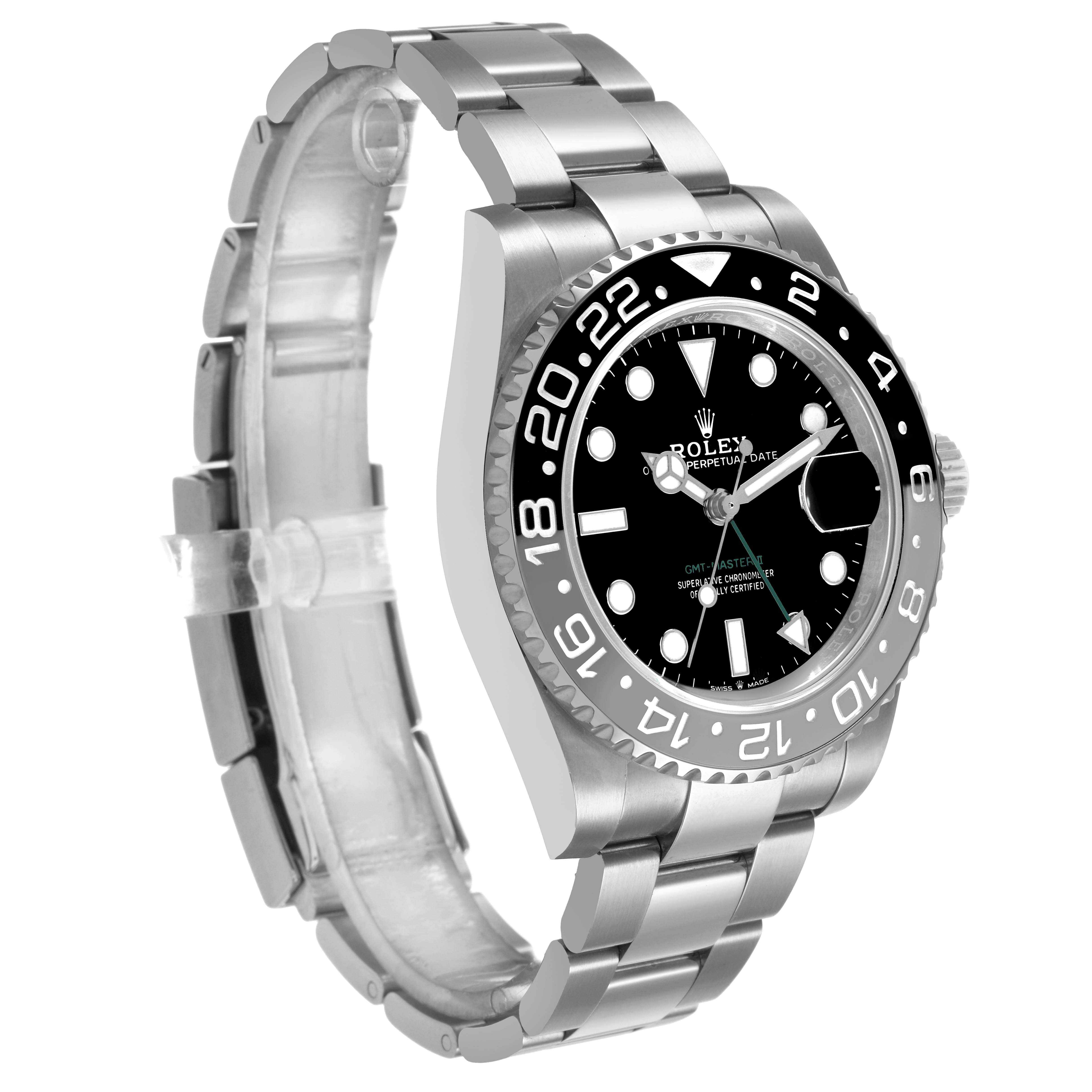The Rolex GMT-Master 126710GRNR Men's Stainless Steel Black Dial watch is shown at an oblique angle, displaying the face, bezel, bracelet, and crown.