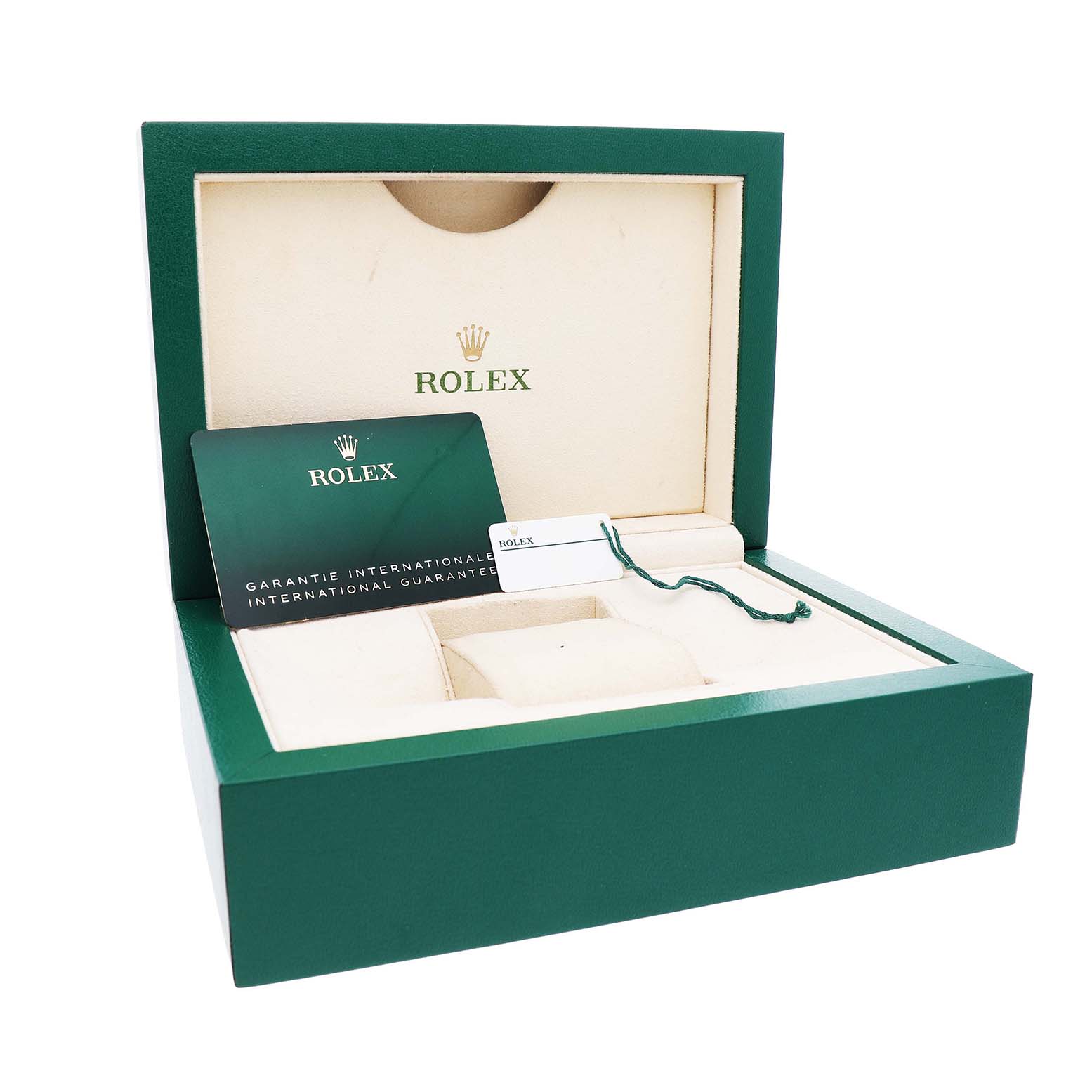 The image shows a Rolex GMT-Master 126710GRNR Men's Stainless Steel Black Dial box from an angled top perspective, displaying warranty card and tag inside.