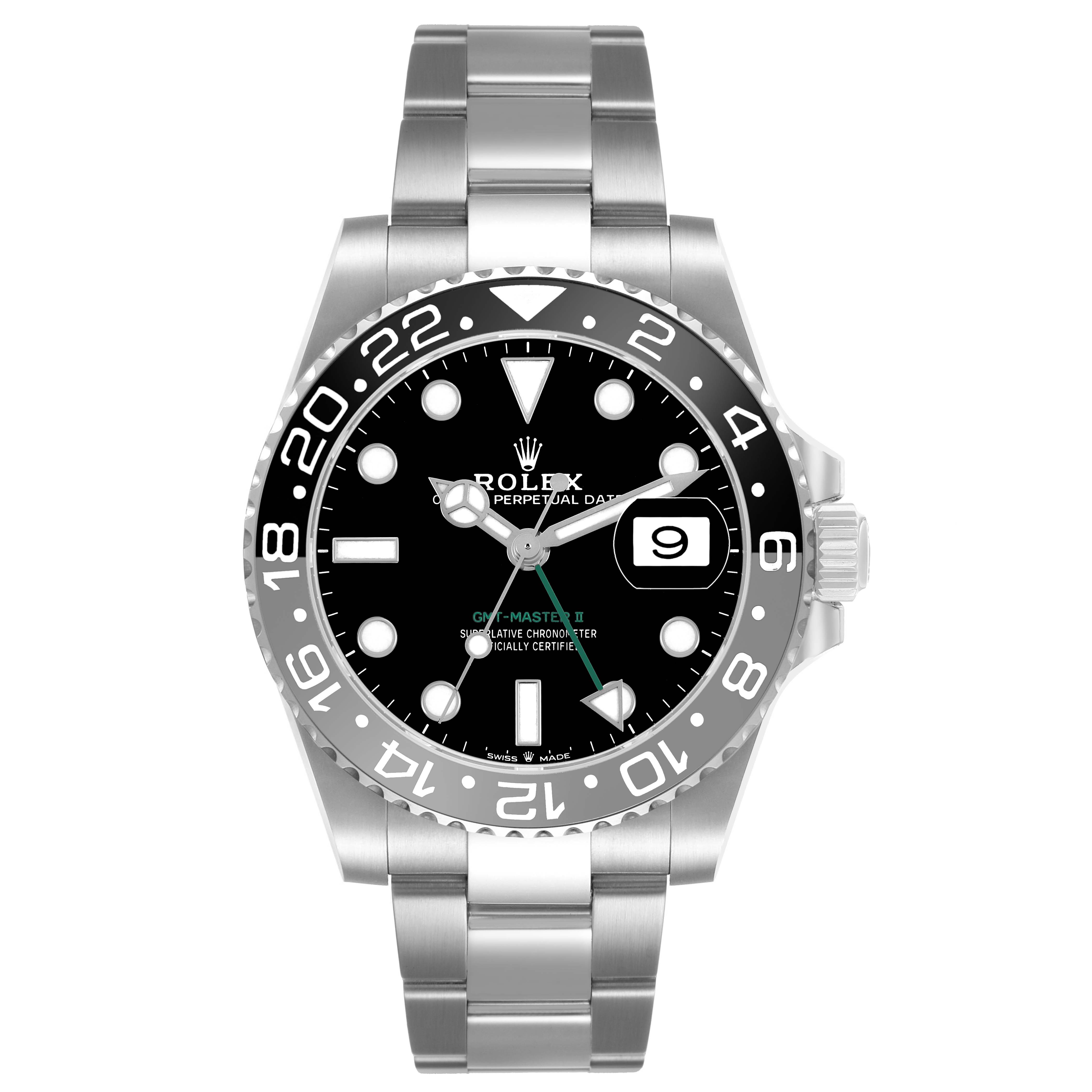 The Rolex GMT-Master 126710GRNR Men's Stainless Steel Black Dial watch is shown from the front, displaying its bezel, dial, watch hands, and bracelet.