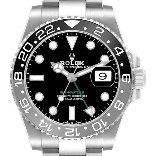 The Rolex GMT-Master 126710GRNR Men's Stainless Steel Black Dial watch is shown from a front angle, displaying the face, bezel, crown, and part of the bracelet.