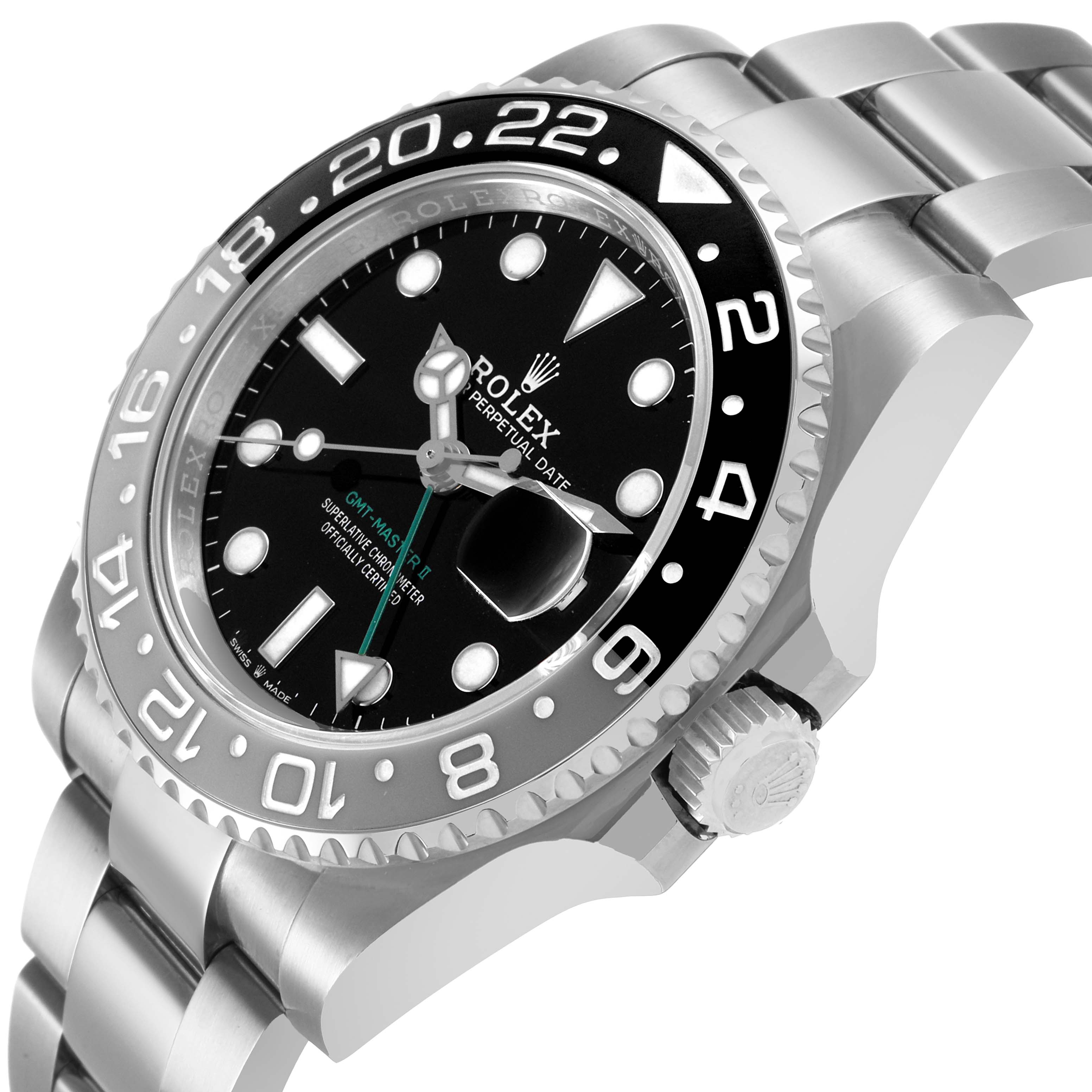 The image shows a side angle of the Rolex GMT-Master 126710GRNR Men's Stainless Steel Black Dial, highlighting the bezel, dial, crown, and bracelet.