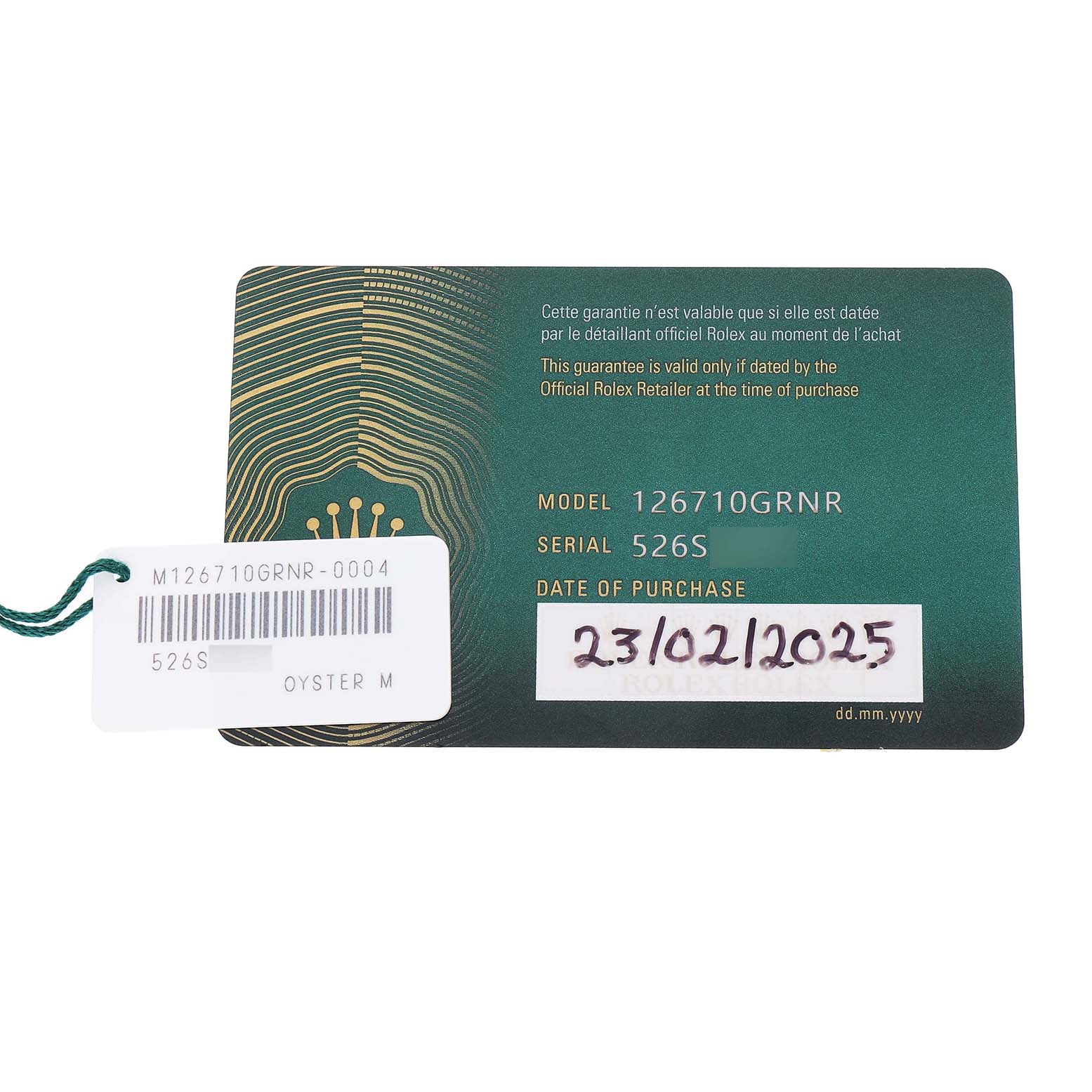 The image shows a Rolex GMT-Master 126710GRNR Men's Stainless Steel Black Dial model 126710GRNR warranty card and tag, displaying model, serial number, and purchase date.