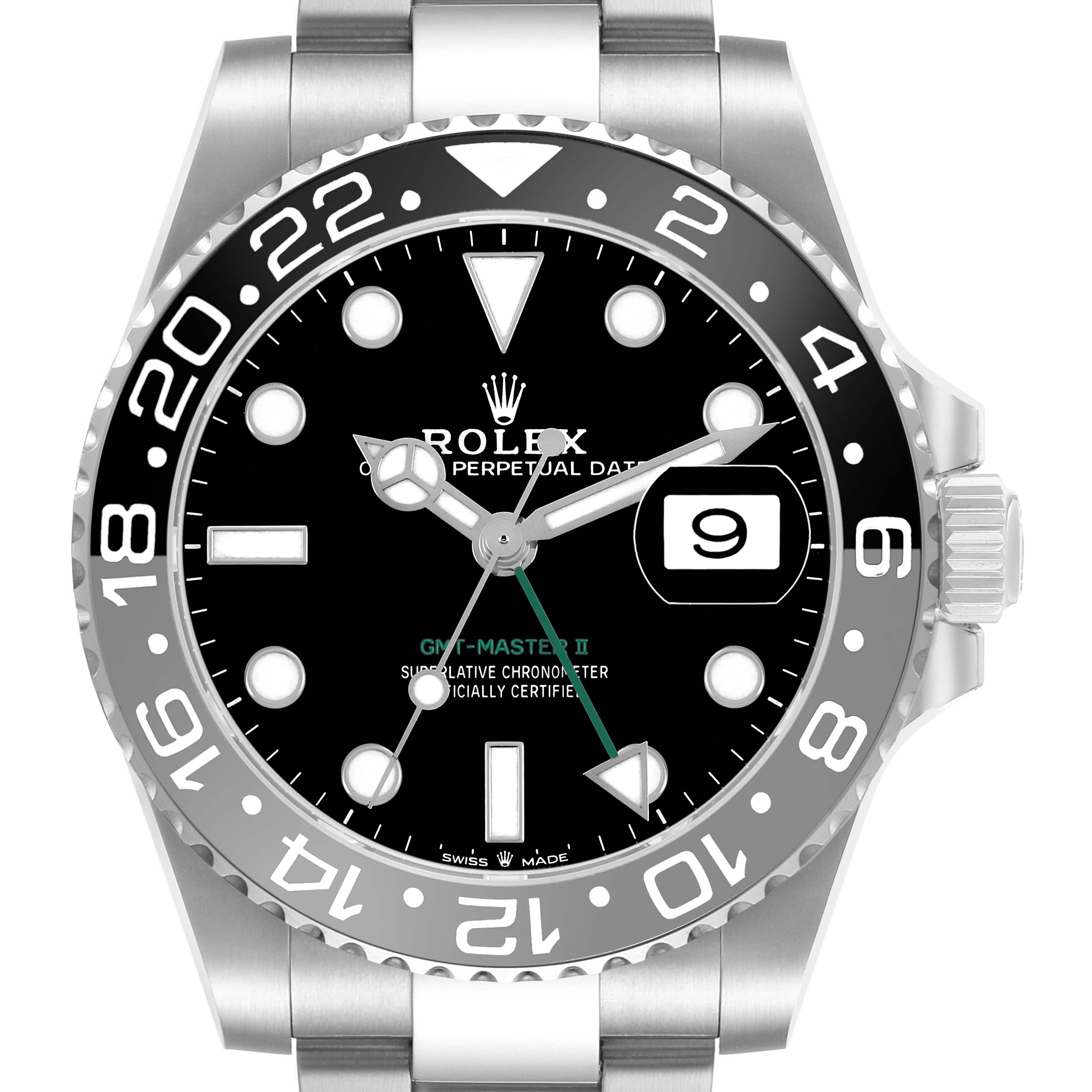 The image shows a front view of the Rolex GMT-Master 126710GRNR Men's Stainless Steel Black Dial II watch, highlighting the bezel, dial, hands, and date window.