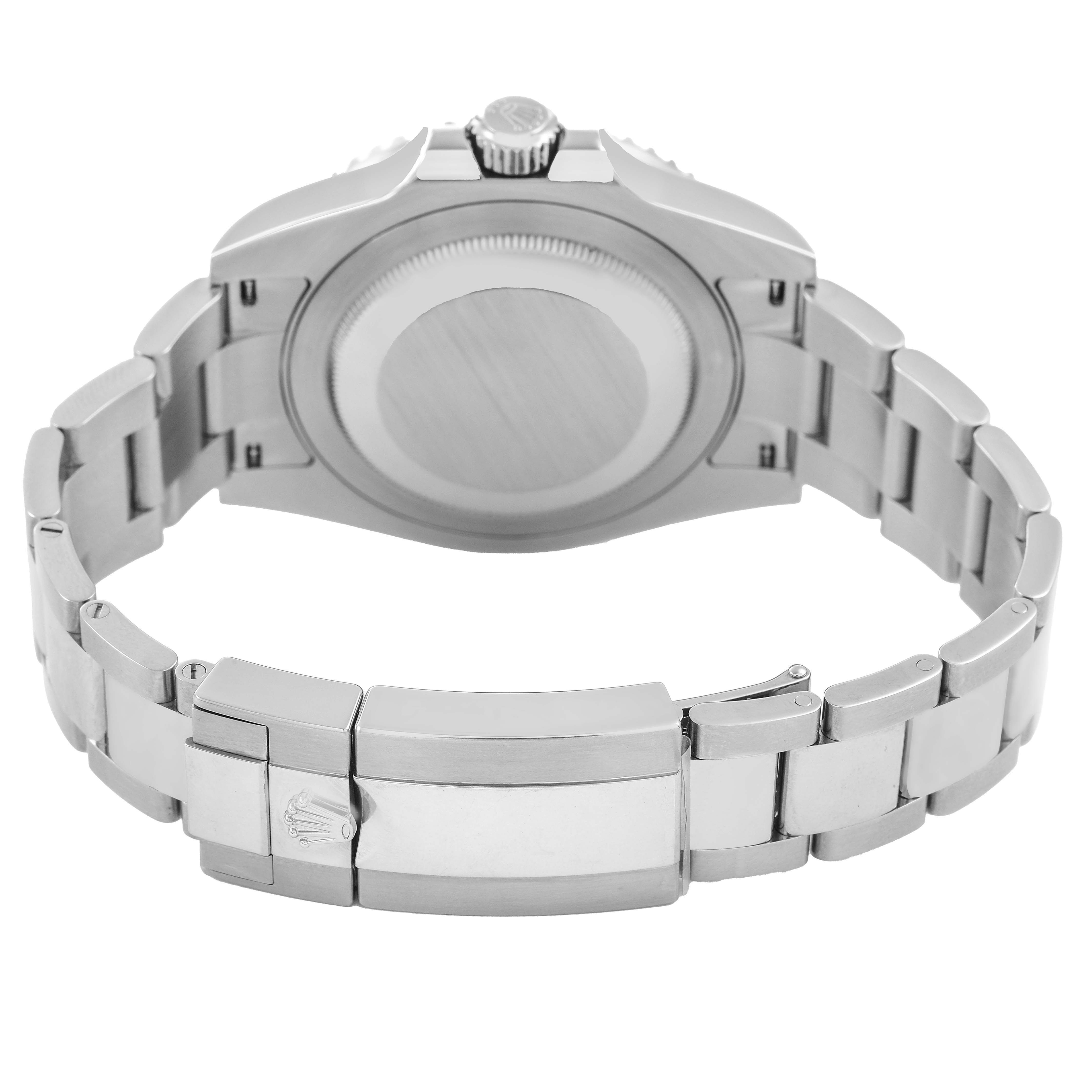 The image shows the back view of the Rolex GMT-Master 126710GRNR Men's Stainless Steel Black Dial, highlighting the bracelet and clasp.