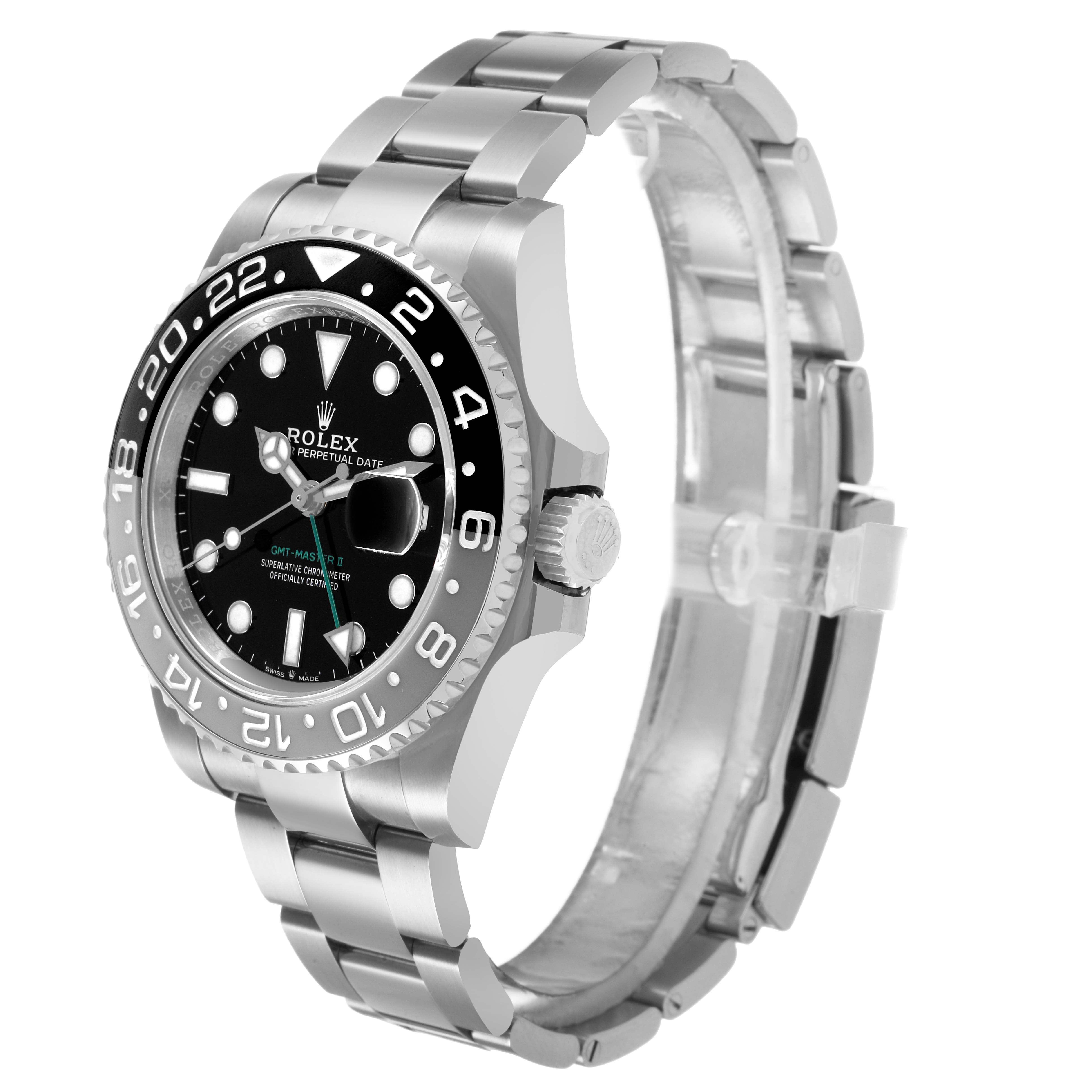The Rolex GMT-Master 126710GRNR Men's Stainless Steel Black Dial watch is shown from a front angled view, highlighting the bezel, crown, and bracelet.