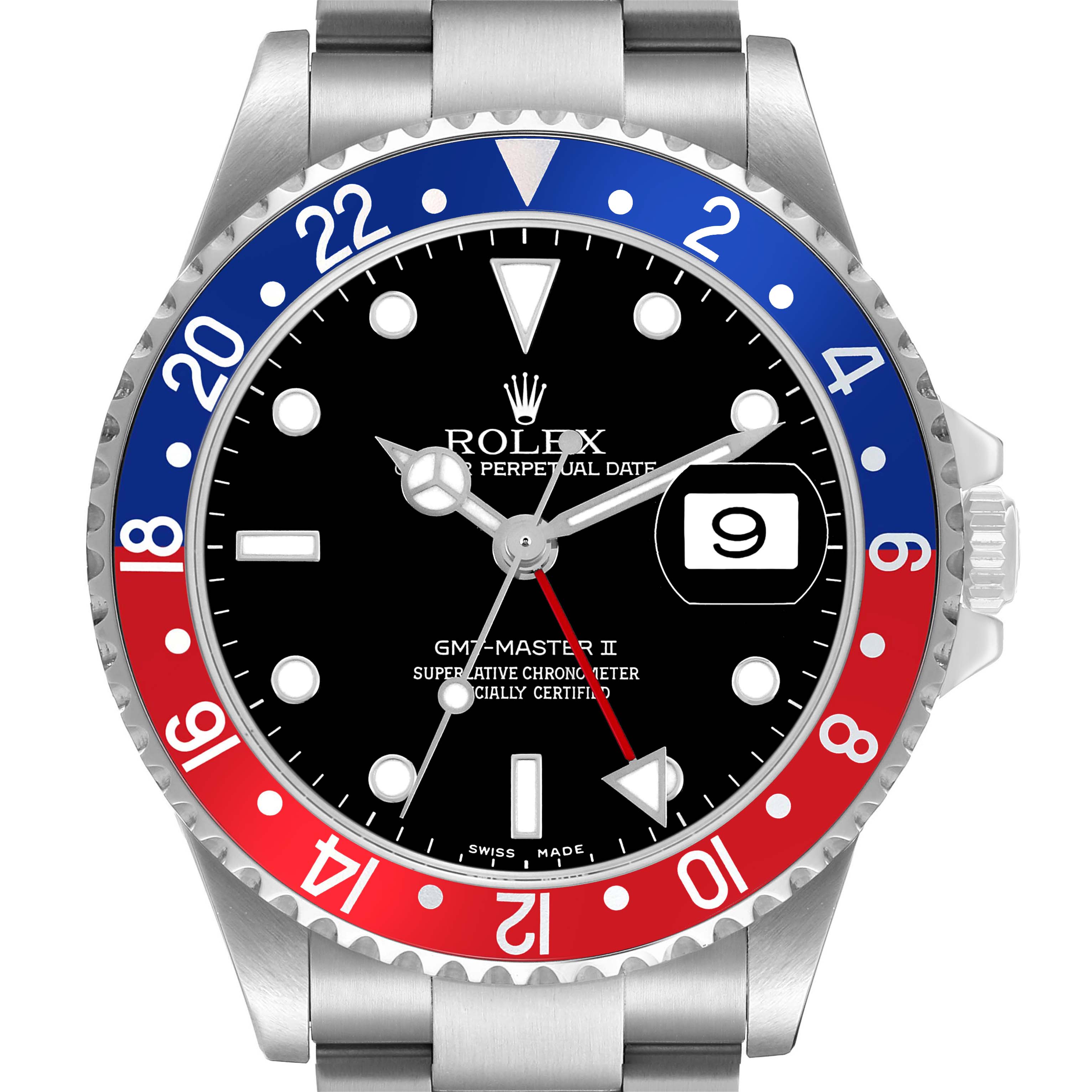The Rolex GMT-Master 16710 Men's Stainless Steel Black Dial watch is shown from a front angle, displaying the bezel, dial, hands, and date window.