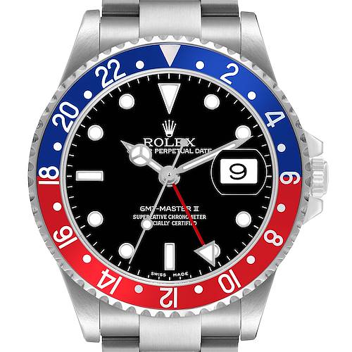 The Rolex GMT-Master 16710 Men's Stainless Steel Black Dial watch is shown from the front, displaying the dial, hands, bezel, and date window.