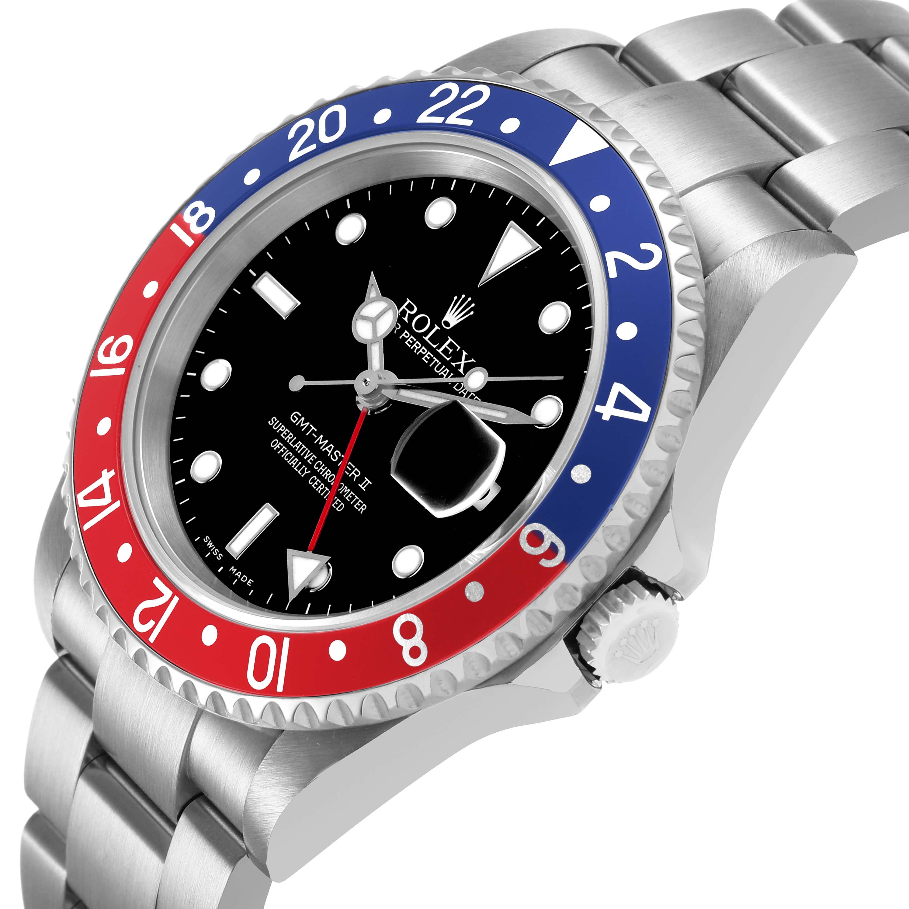 The image shows a Rolex GMT-Master 16710 Men's Stainless Steel Black Dial watch at a slight side angle, highlighting the bezel, dial, and part of the bracelet.