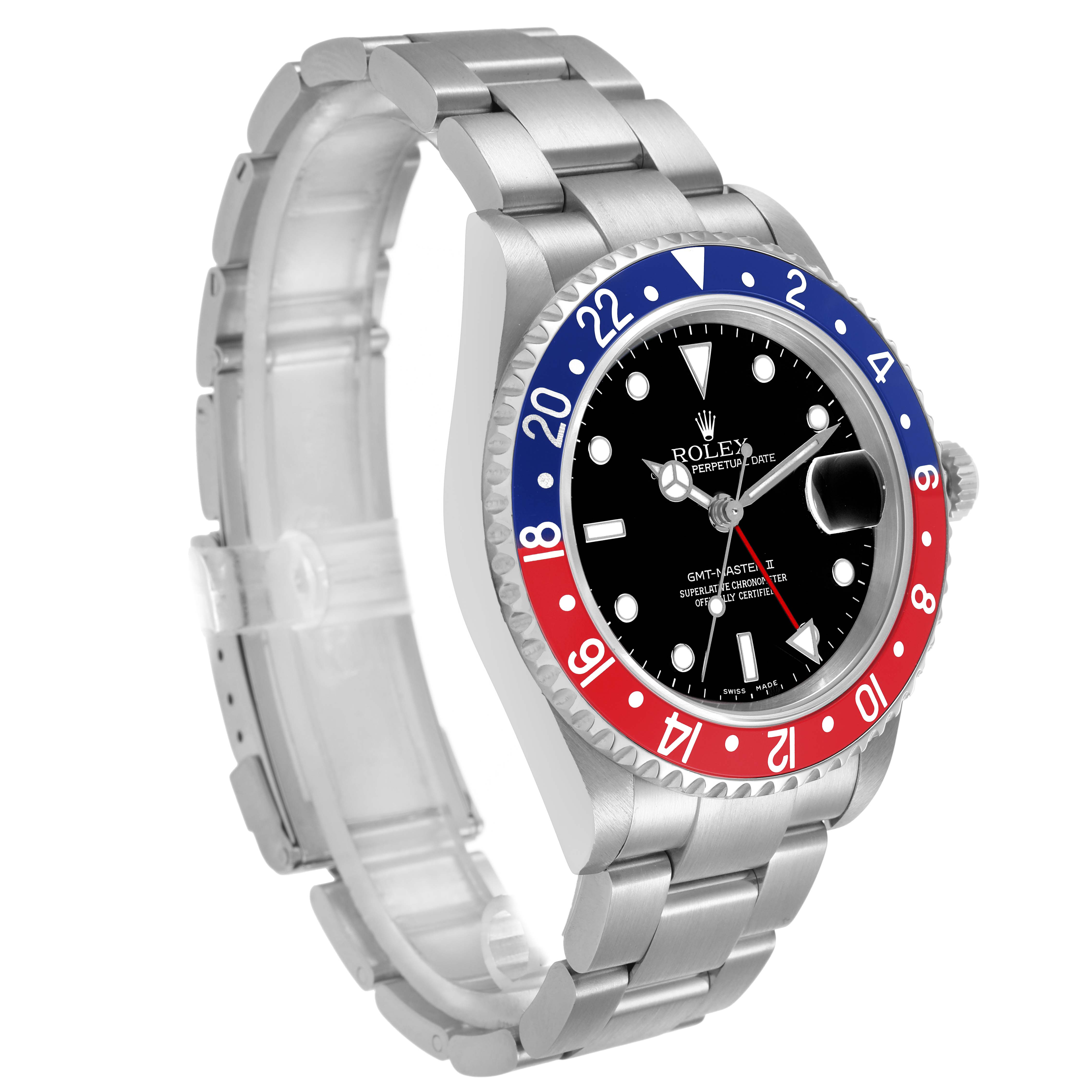 The Rolex GMT-Master 16710 Men's Stainless Steel Black Dial watch is shown from an angled side view, highlighting the bezel, dial, and bracelet.