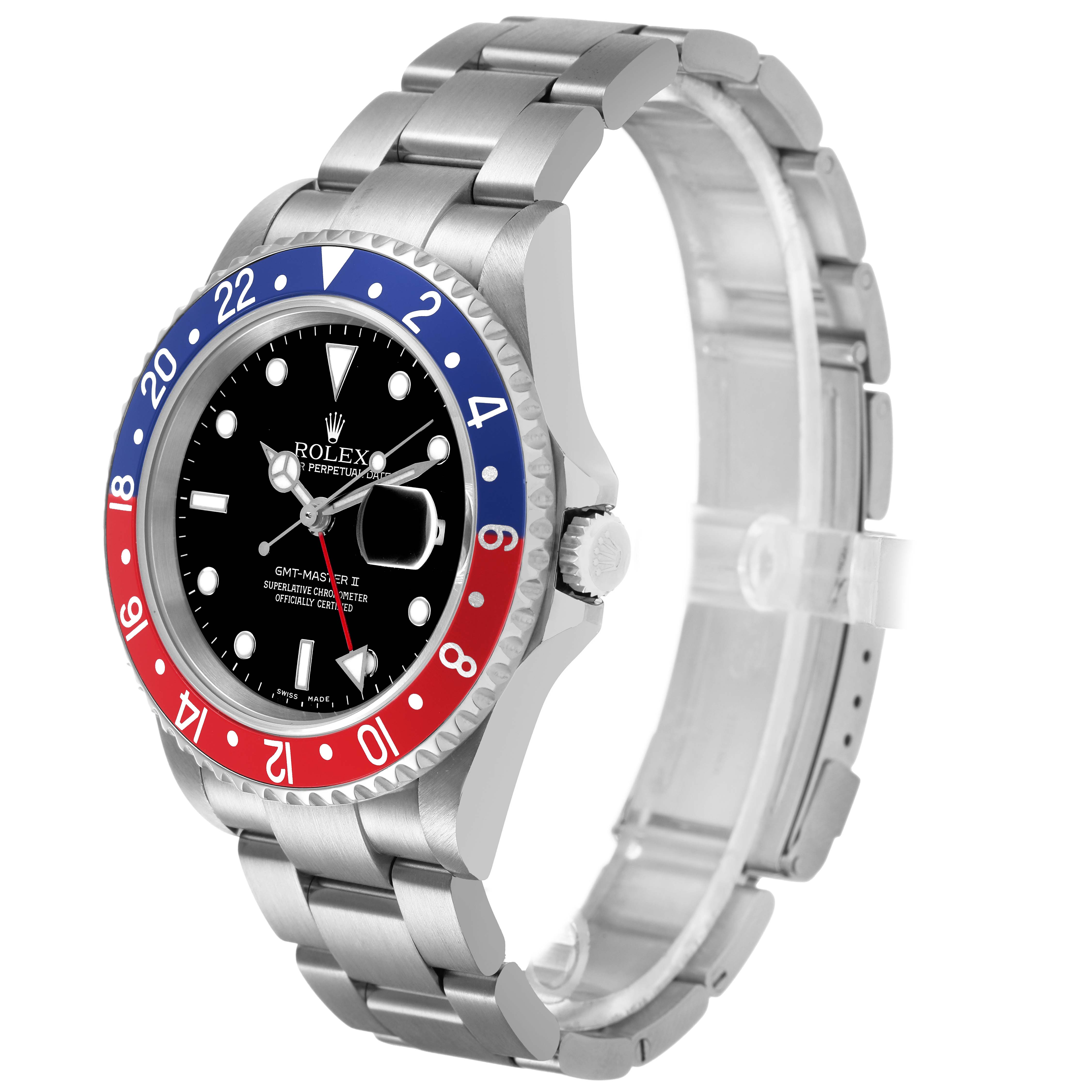 The Rolex GMT-Master 16710 Men's Stainless Steel Black Dial watch is shown at a three-quarter angle, highlighting the bezel, dial, and bracelet.