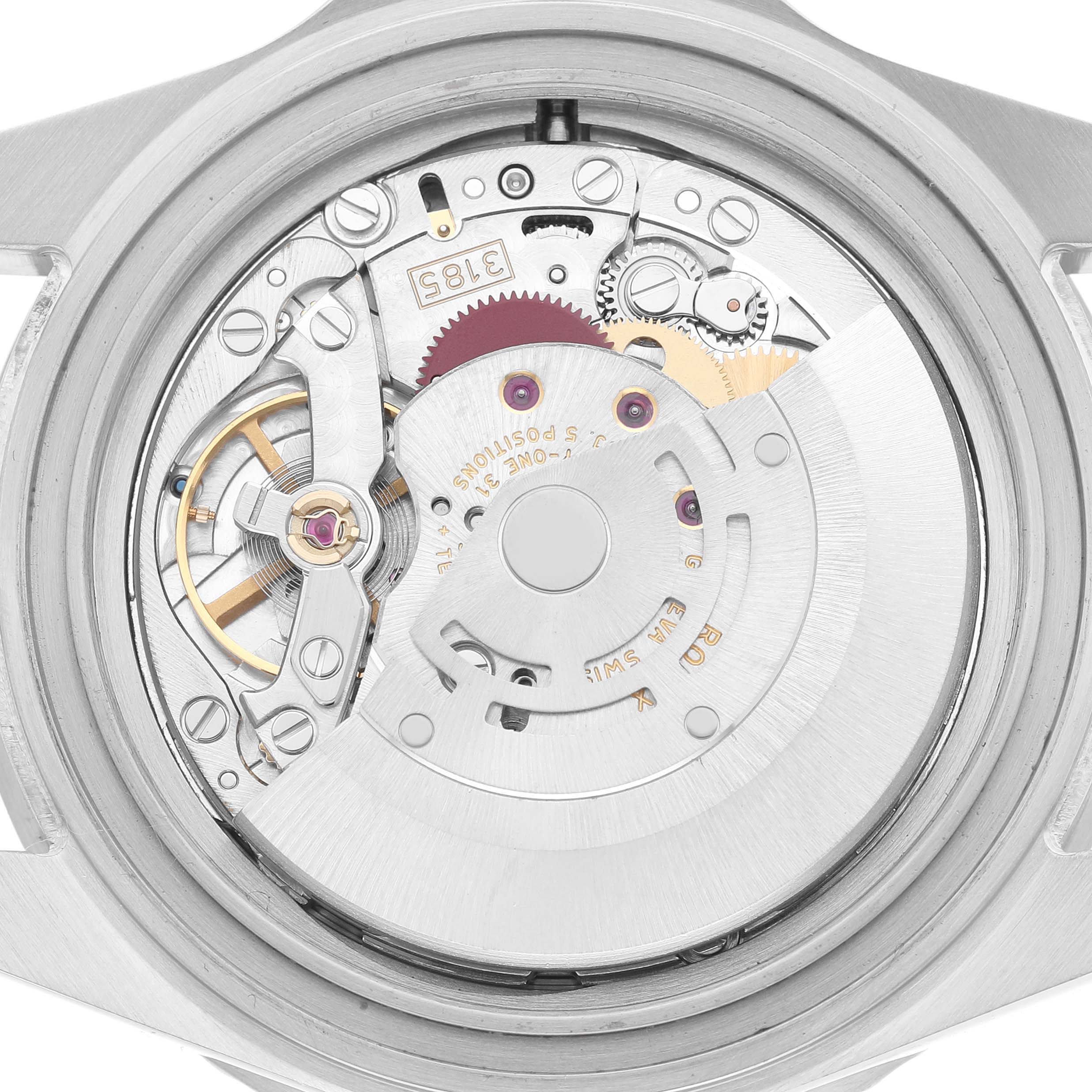 The image shows the intricate movement and internal mechanics of a Rolex GMT-Master 16710 Men's Stainless Steel Black Dial watch from the back.