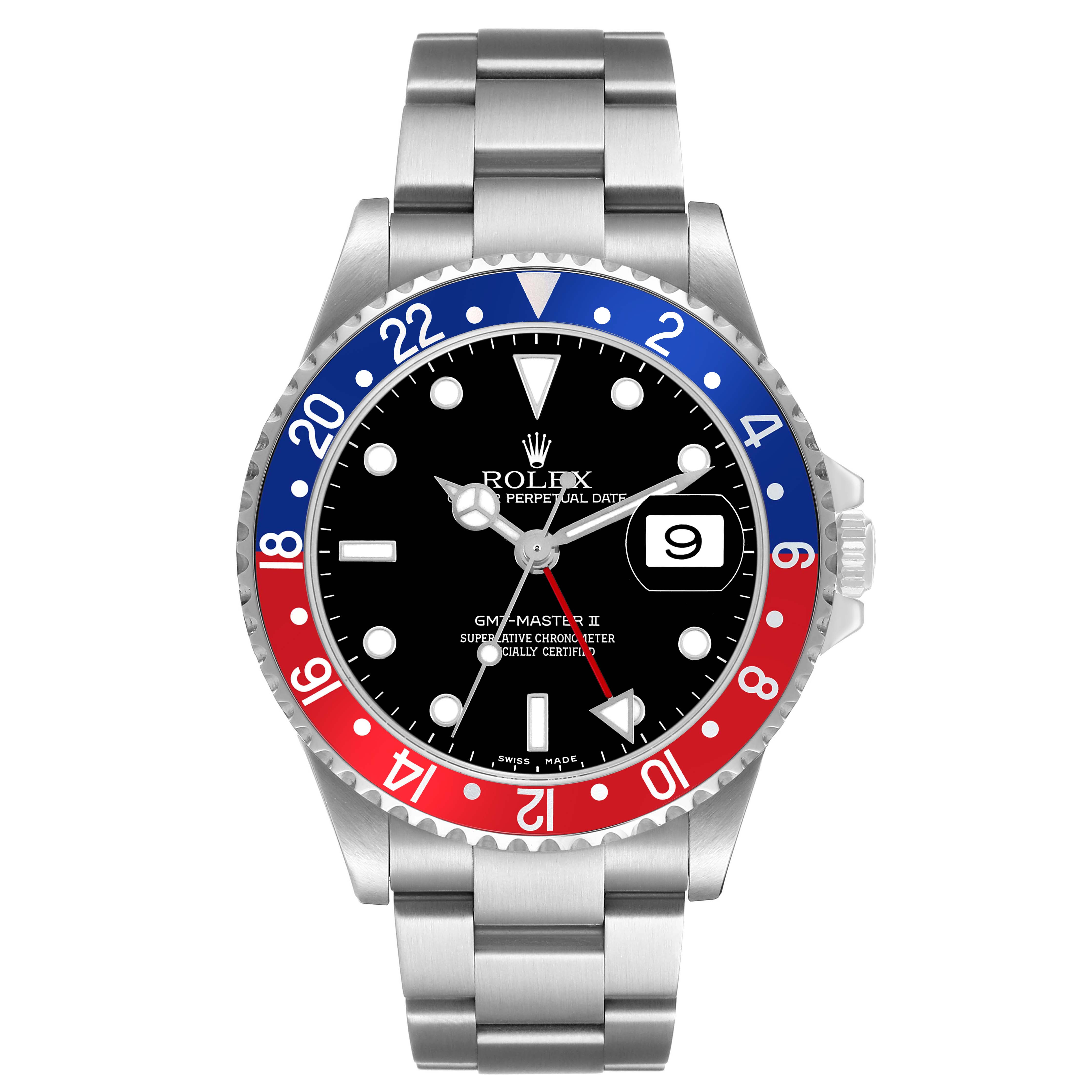 The Rolex GMT-Master 16710 Men's Stainless Steel Black Dial watch is shown from the front, displaying its bezel, dial, hands, and bracelet.