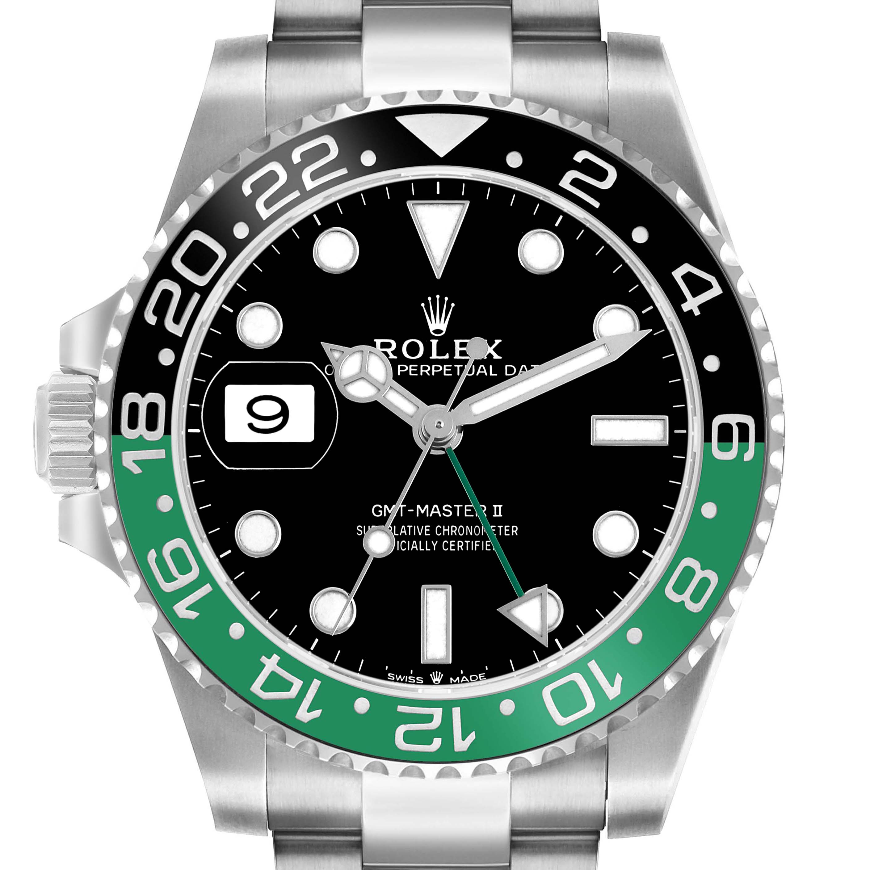 The Rolex GMT-Master 126720VTNR Men's Stainless Steel Black Dial II is shown from the front, displaying the bezel, dial, hands, and date feature.
