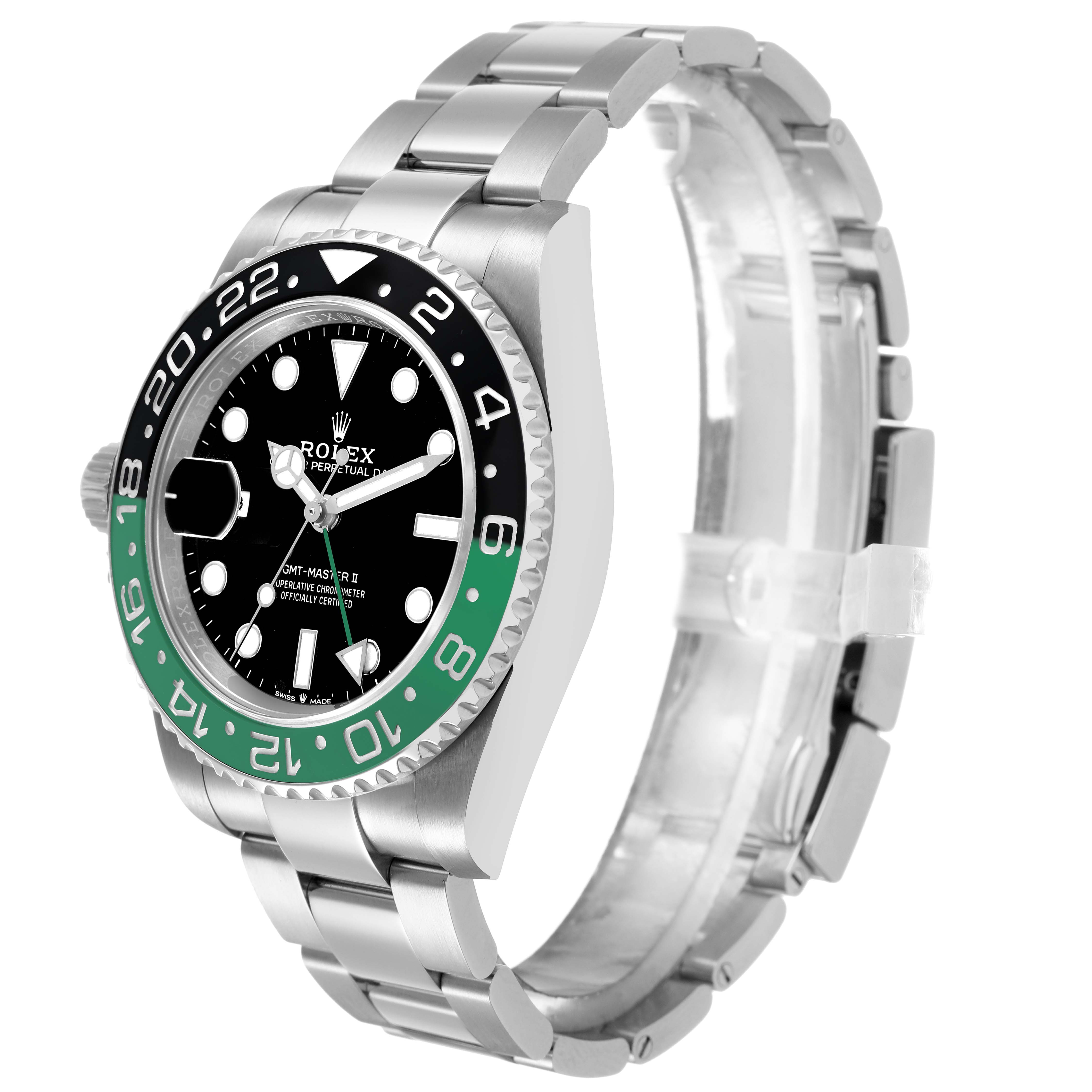 The Rolex GMT-Master 126720VTNR Men's Stainless Steel Black Dial watch is shown at a side angle, highlighting the bezel, case, dial, and bracelet.