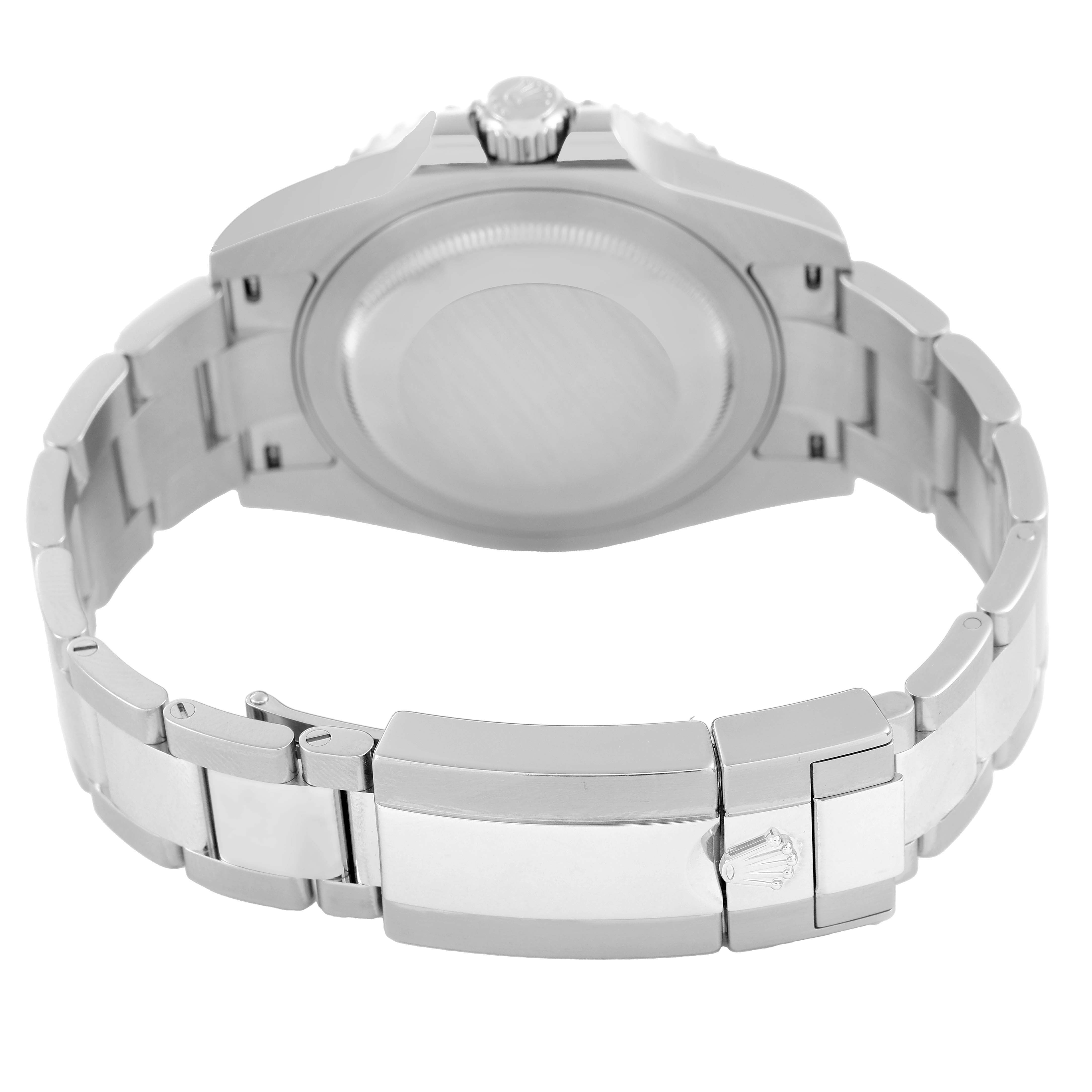 The image shows the back view of a Rolex GMT-Master 126720VTNR Men's Stainless Steel Black Dial, highlighting its case back, bracelet, and clasp.