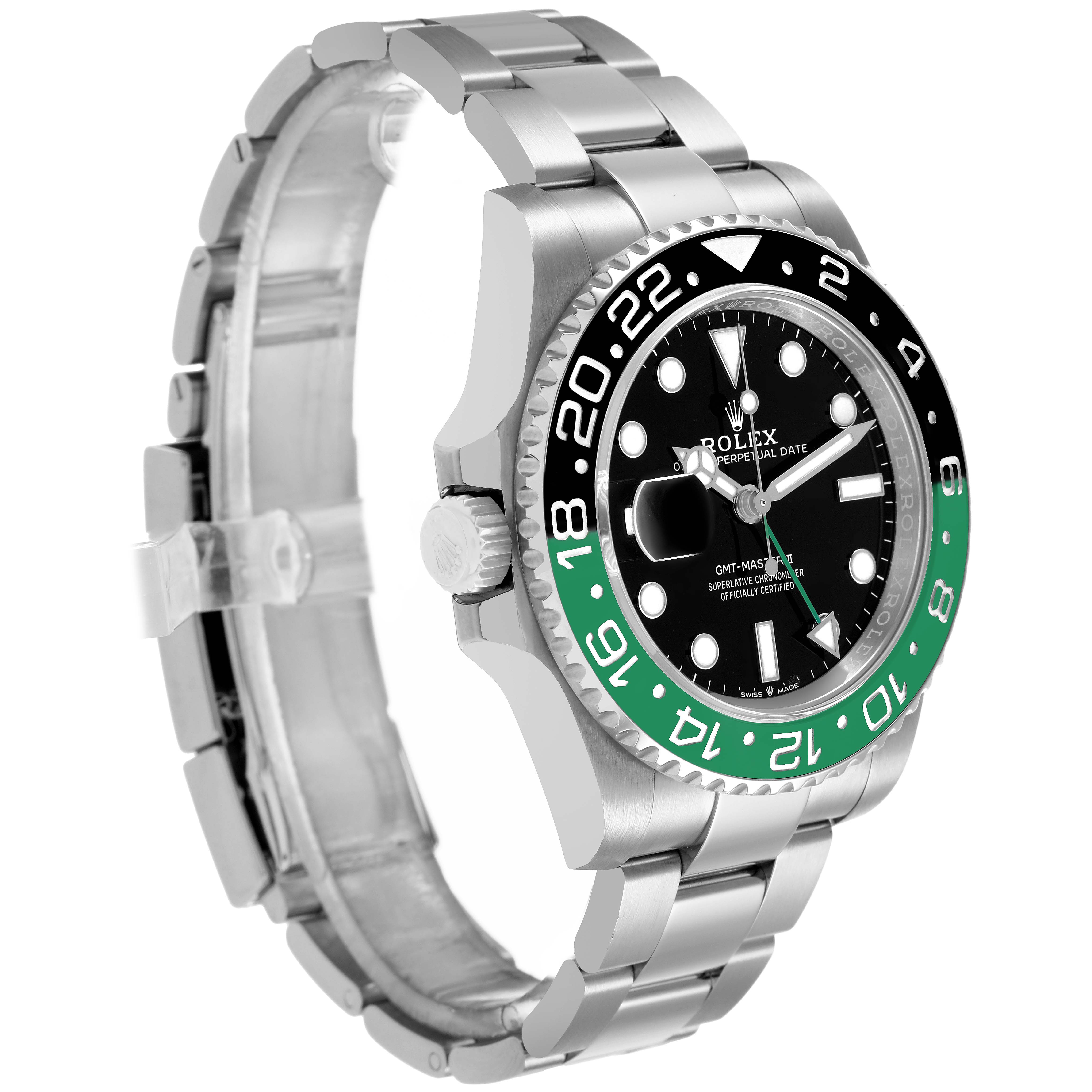 The Rolex GMT-Master 126720VTNR Men's Stainless Steel Black Dial watch is shown at a three-quarter angle, displaying its black and green bezel, bracelet, and crown.