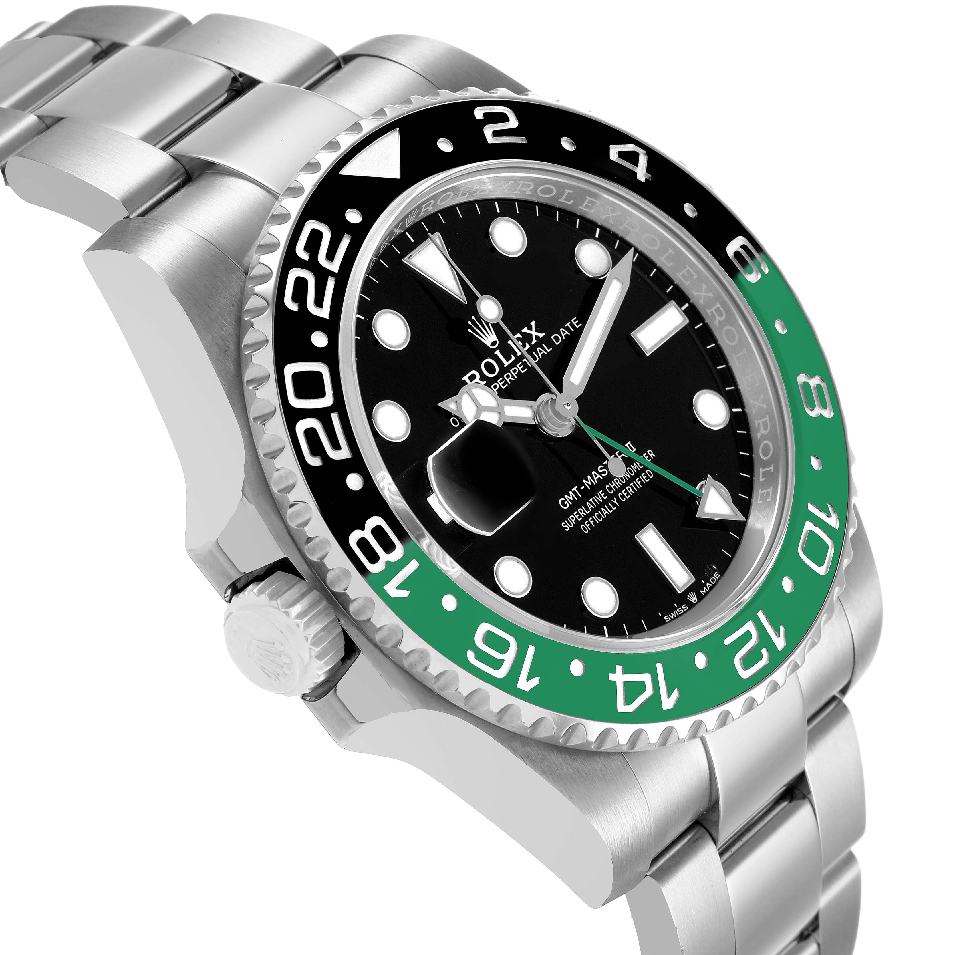 The Rolex GMT-Master 126720VTNR Men's Stainless Steel Black Dial watch is shown at a slight angle, displaying the bezel, dial, crown, and bracelet.