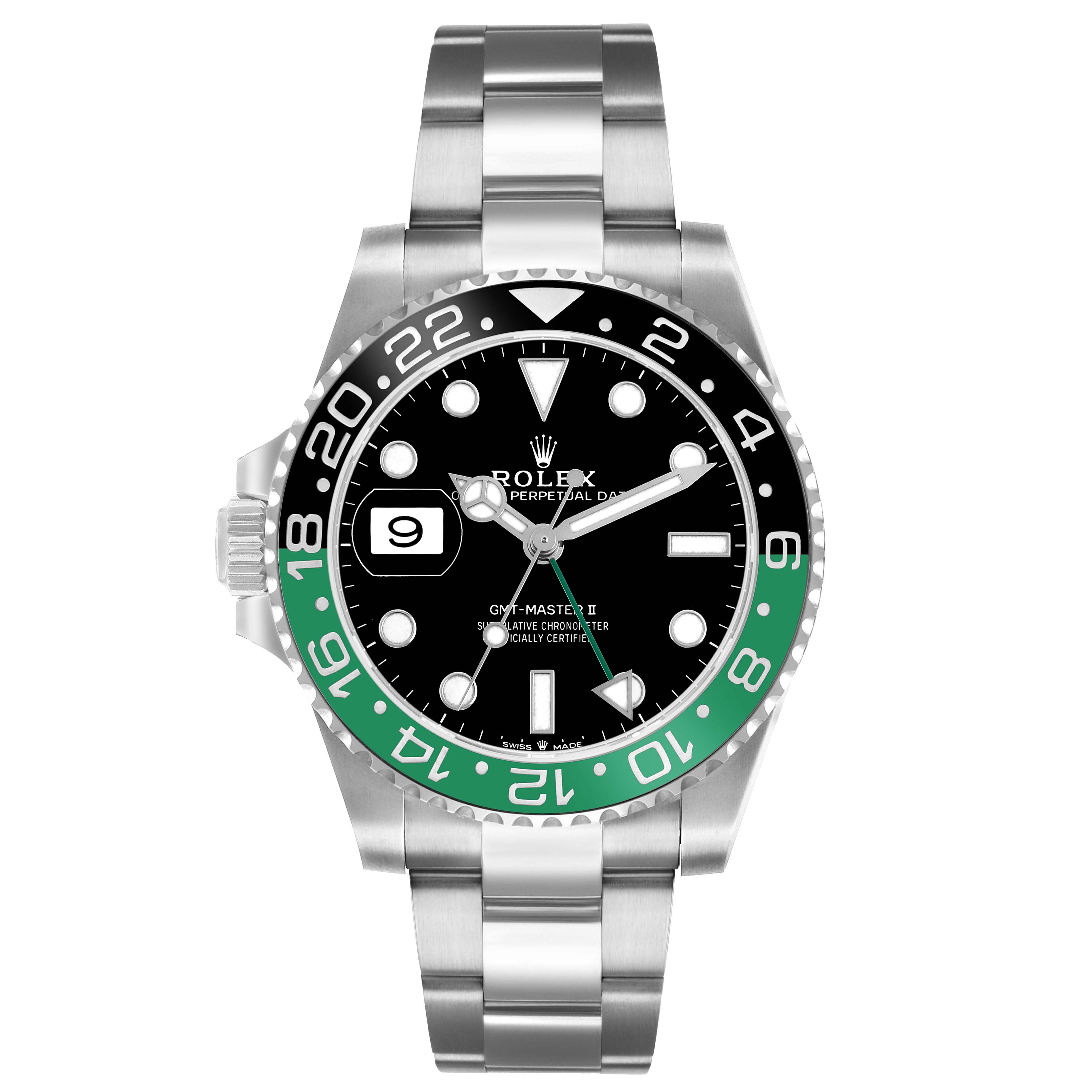 The Rolex GMT-Master 126720VTNR Men's Stainless Steel Black Dial model is shown from a front angle, highlighting the face, bezel, and bracelet.